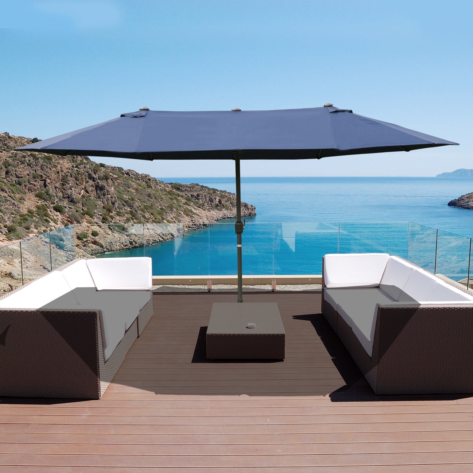 15' Outdoor Patio Umbrella with Twin Canopy Sunshade Steel Table Umbrella with Lift Crank, Cross base, Sandbag, Dark Blue