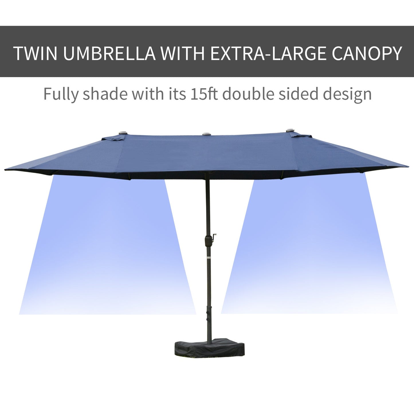 15' Outdoor Patio Umbrella with Twin Canopy Sunshade Steel Table Umbrella with Lift Crank, Cross base, Sandbag, Dark Blue