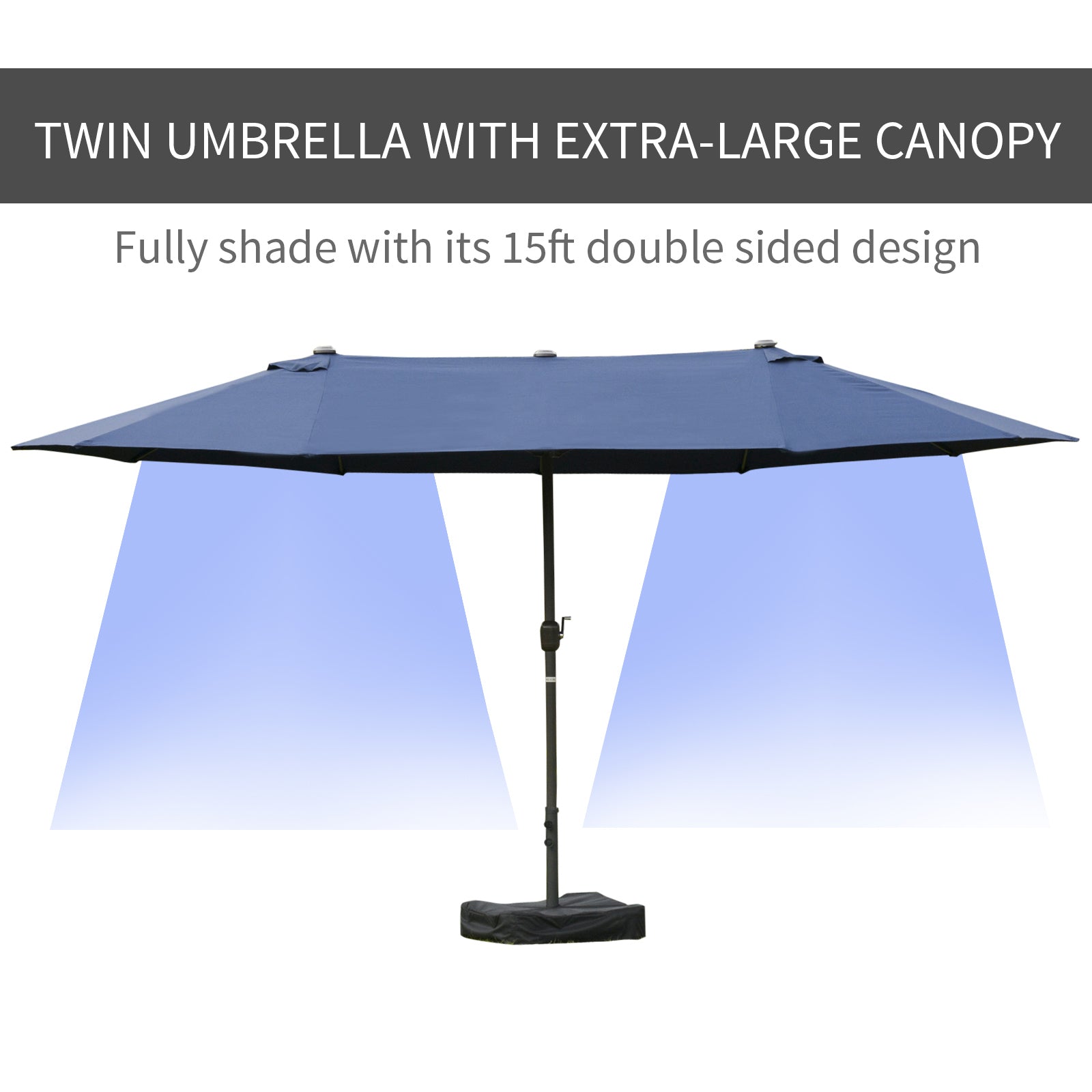 15' Outdoor Patio Umbrella with Twin Canopy Sunshade Steel Table Umbrella with Lift Crank, Cross base, Sandbag, Dark Blue