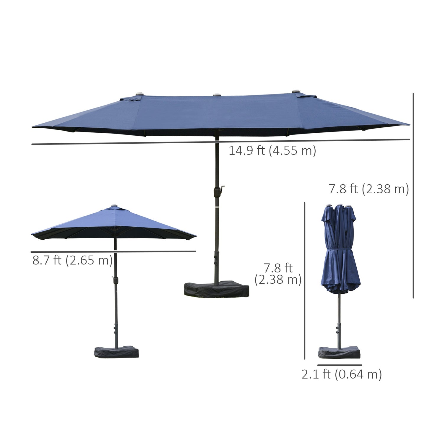 15' Outdoor Patio Umbrella with Twin Canopy Sunshade Steel Table Umbrella with Lift Crank, Cross base, Sandbag, Dark Blue
