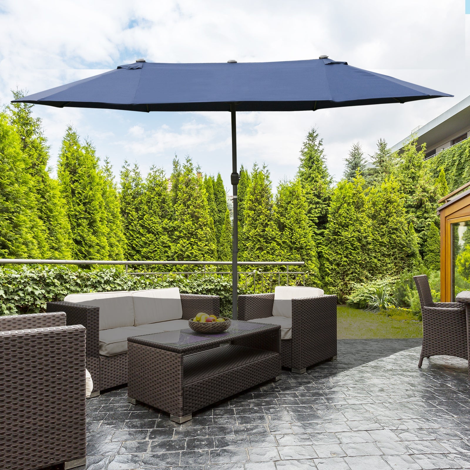 15' Outdoor Patio Umbrella with Twin Canopy Sunshade Steel Table Umbrella with Lift Crank, Cross base, Sandbag, Dark Blue