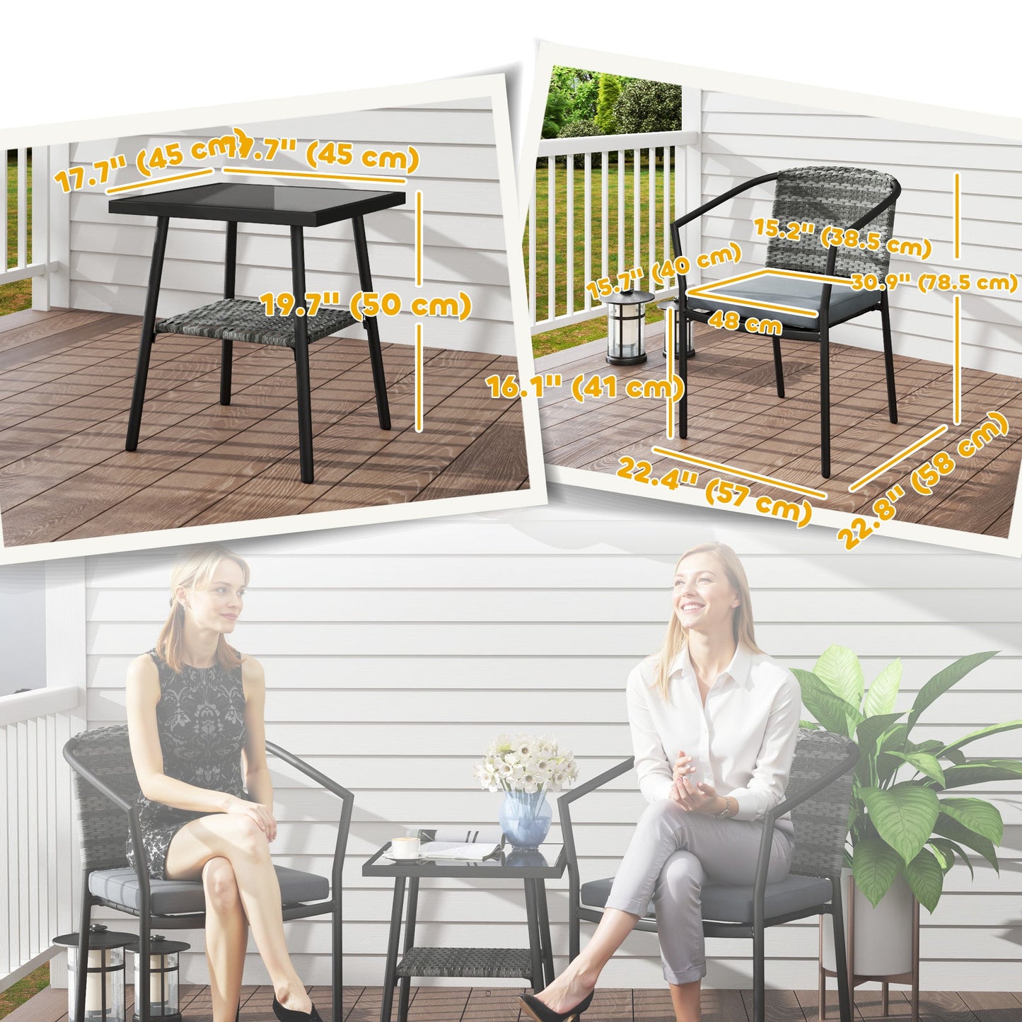 3 Piece Wicker Patio Furniture Set, PE Rattan Bistro Set with Armchairs, 2-Tier Glass-Top Table, Cushions, Outdoor Conversation Furniture for Porch, Balcony, Dark Grey