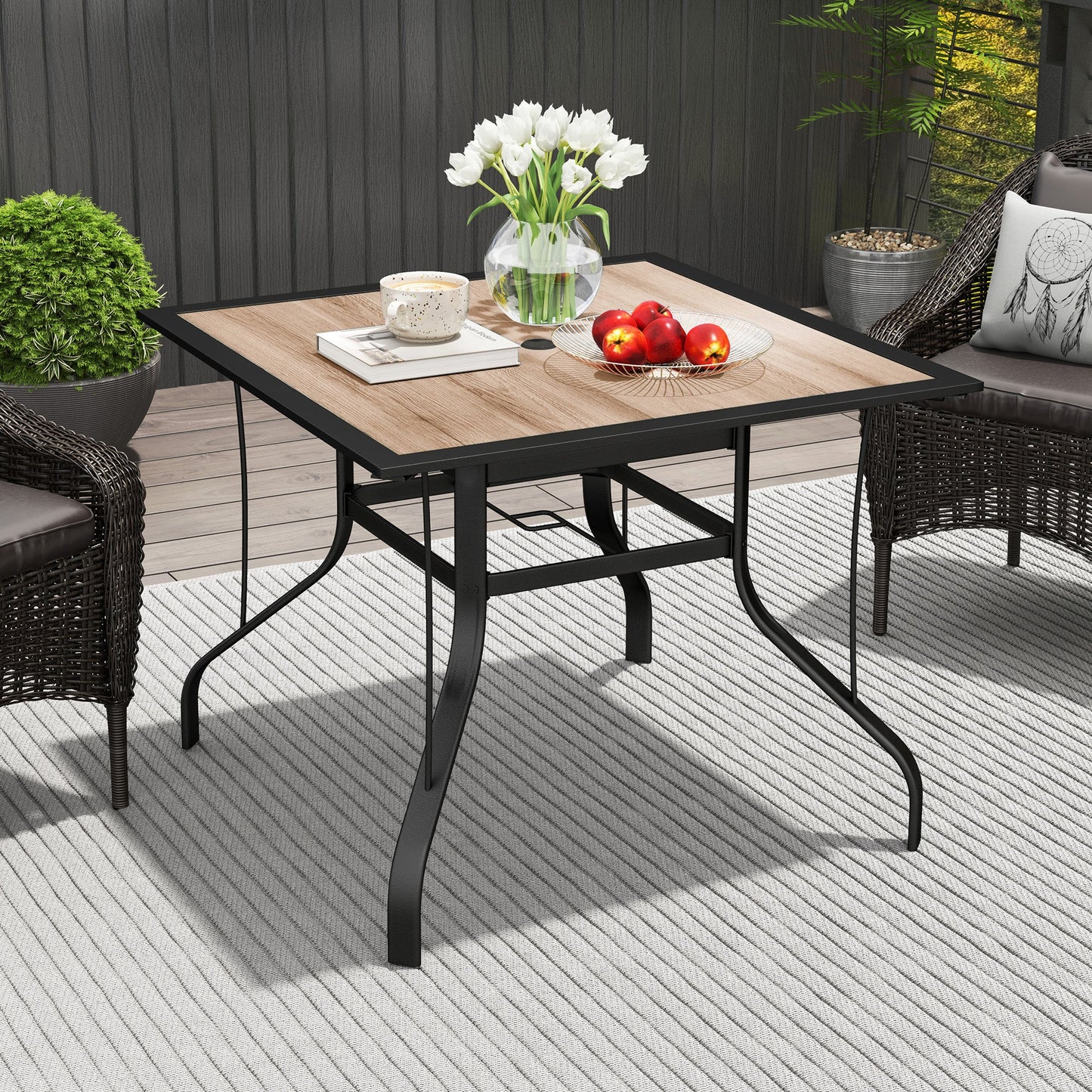 36" x 36" x 28" Square Patio Dining Table with Umbrella Hole, Outdoor Bistro Table with Easy to Clean Top & Rustproof Steel Frame, Outdoor Dining Table for Garden, Balcony