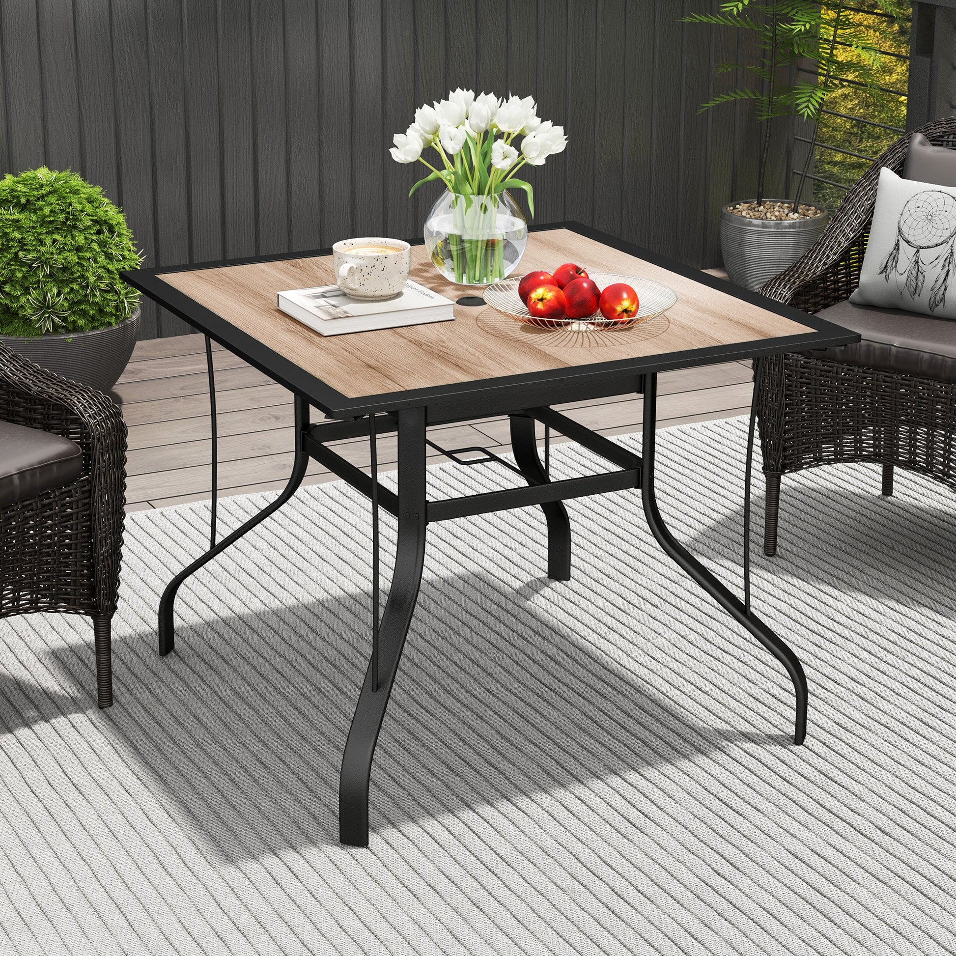 36" x 36" x 28" Square Patio Dining Table with Umbrella Hole, Outdoor Bistro Table with Easy to Clean Top & Rustproof Steel Frame, Outdoor Dining Table for Garden, Balcony