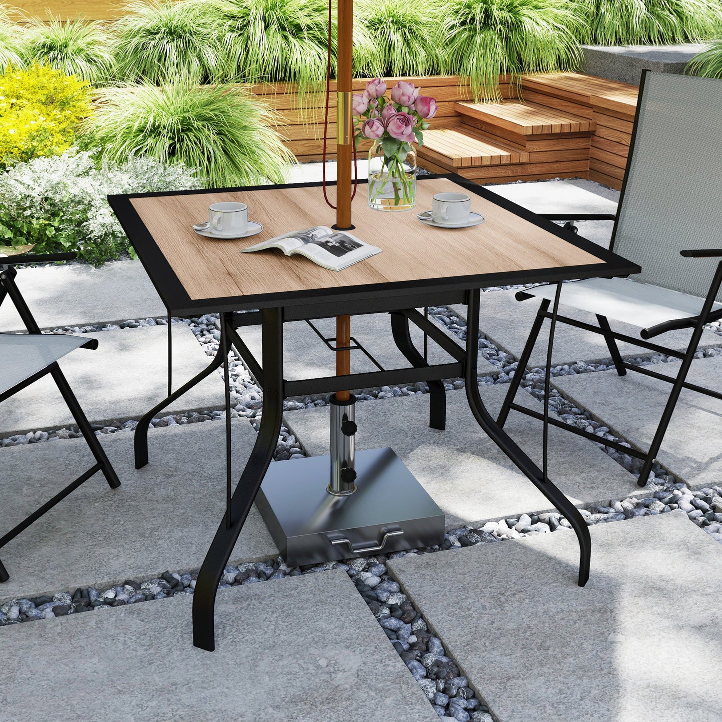 36" x 36" x 28" Square Patio Dining Table with Umbrella Hole, Outdoor Bistro Table with Easy to Clean Top & Rustproof Steel Frame, Outdoor Dining Table for Garden, Balcony