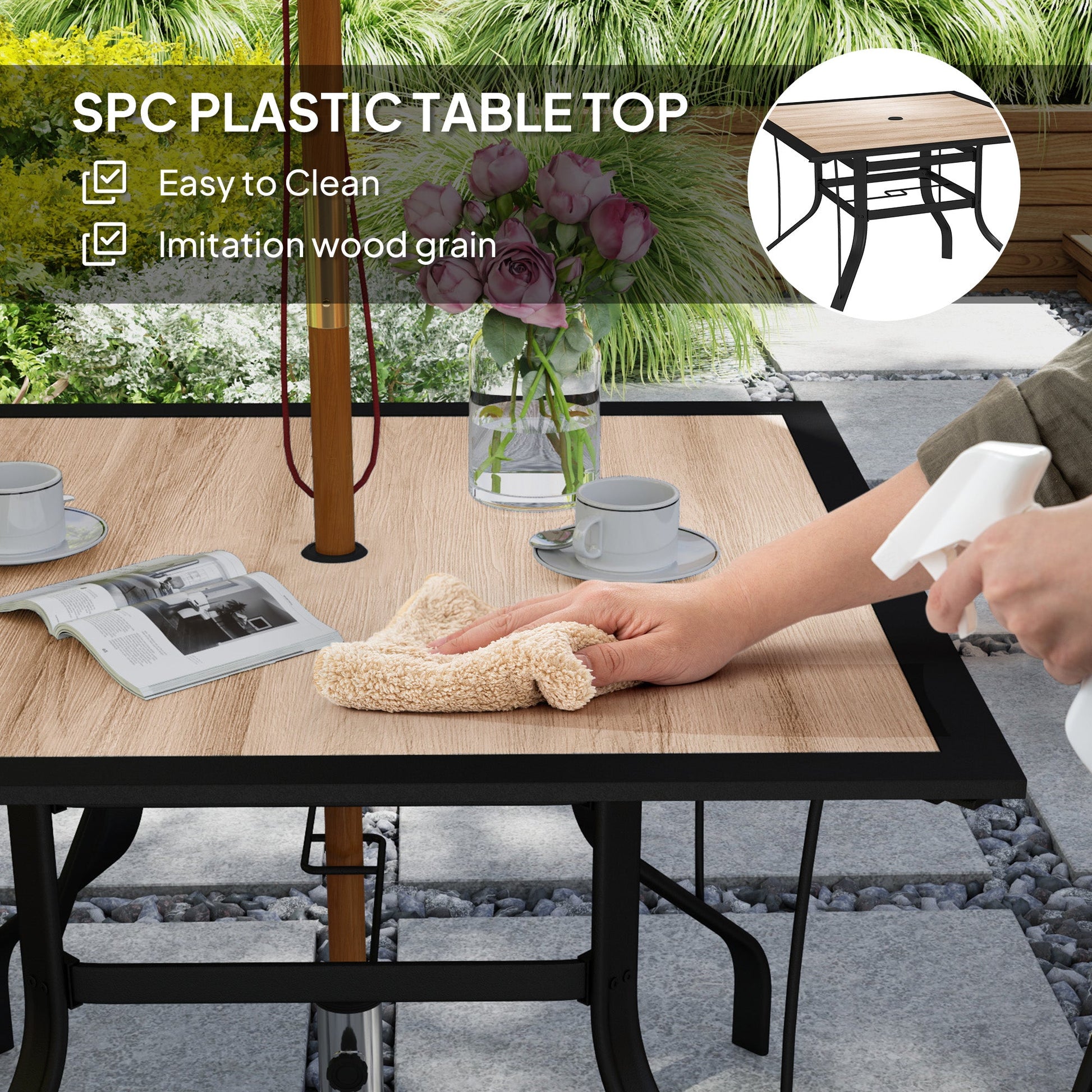 36" x 36" x 28" Square Patio Dining Table with Umbrella Hole, Outdoor Bistro Table with Easy to Clean Top & Rustproof Steel Frame, Outdoor Dining Table for Garden, Balcony