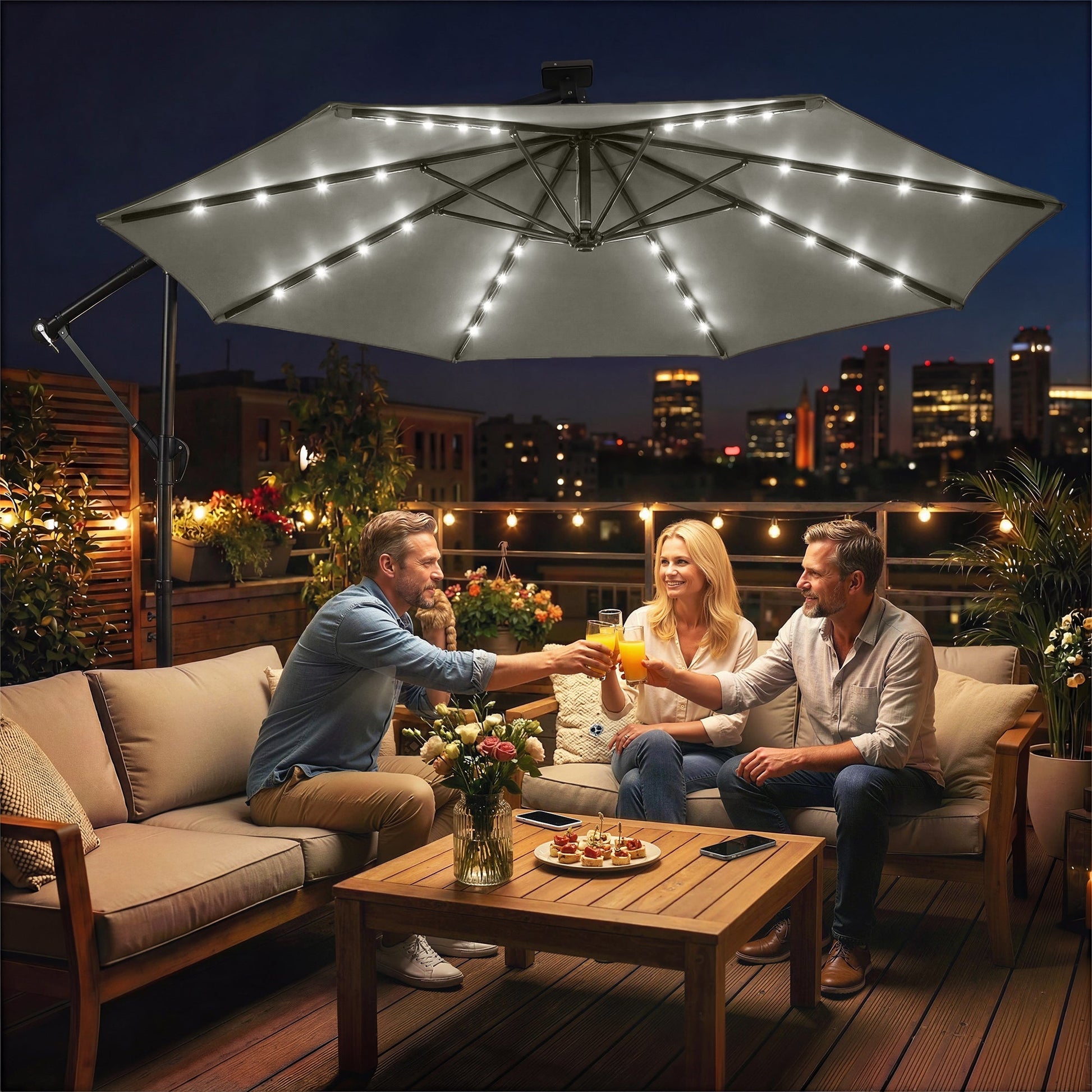9.7 ft Cantilever Patio Umbrella with Solar LED Light, Cover, Round Offset Hanging Outdoor Umbrella Parasol with Tilt and Crank Handle, Grey