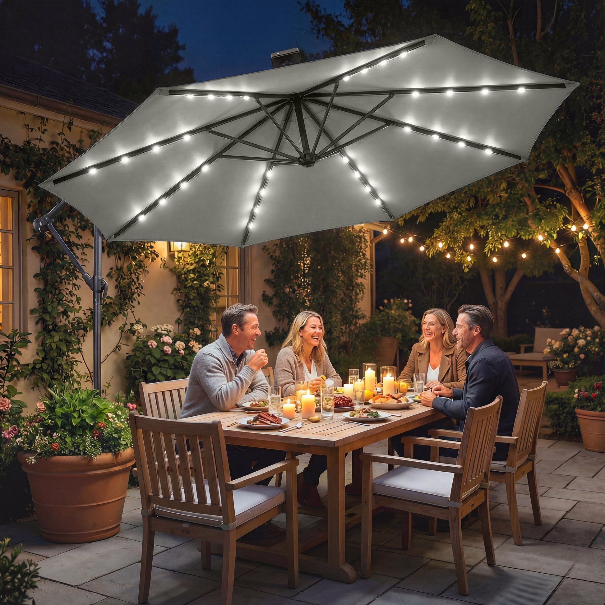 9.7 ft Cantilever Patio Umbrella with Solar LED Light, Cover, Round Offset Hanging Outdoor Umbrella Parasol with Tilt and Crank Handle, Grey