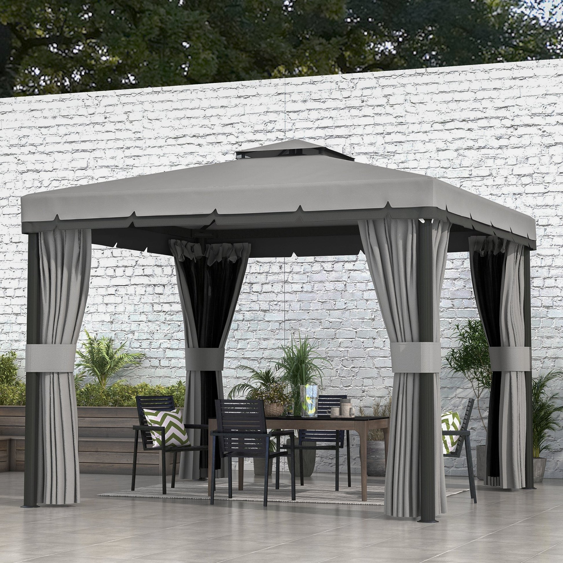 10' x 10' 2-Tier Outdoor Gazebo Canopy Tent with Zippered Mesh Sidewalls, Aluminum Frame for Patio, Backyard, Light Grey