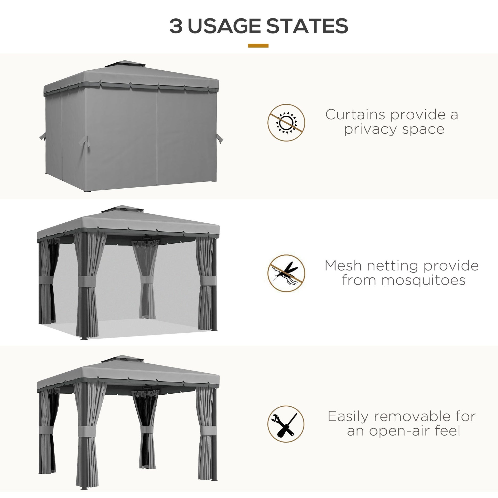 10' x 10' 2-Tier Outdoor Gazebo Canopy Tent with Zippered Mesh Sidewalls, Aluminum Frame for Patio, Backyard, Light Grey