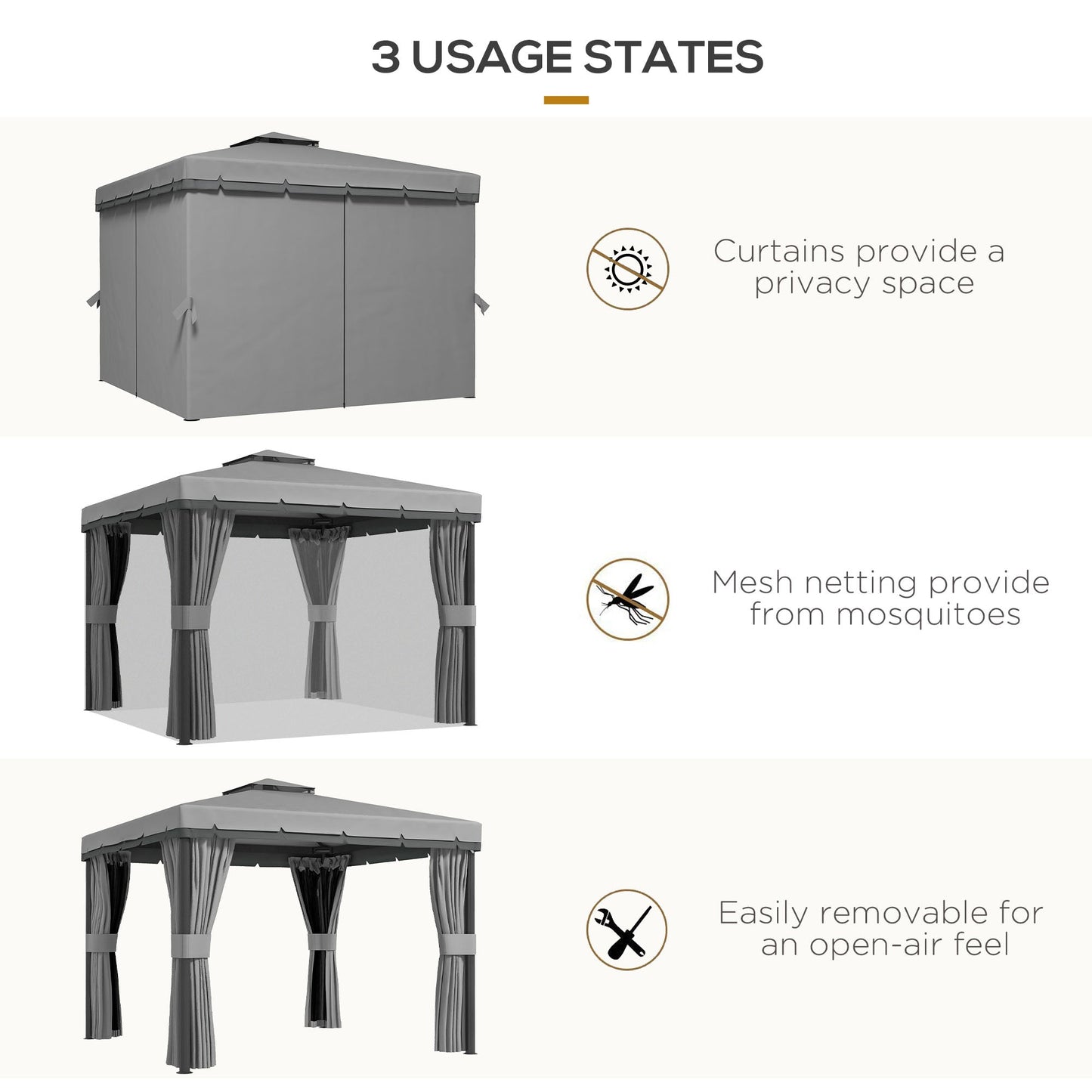 10' x 10' 2-Tier Outdoor Gazebo Canopy Tent with Zippered Mesh Sidewalls, Aluminum Frame for Patio, Backyard, Light Grey
