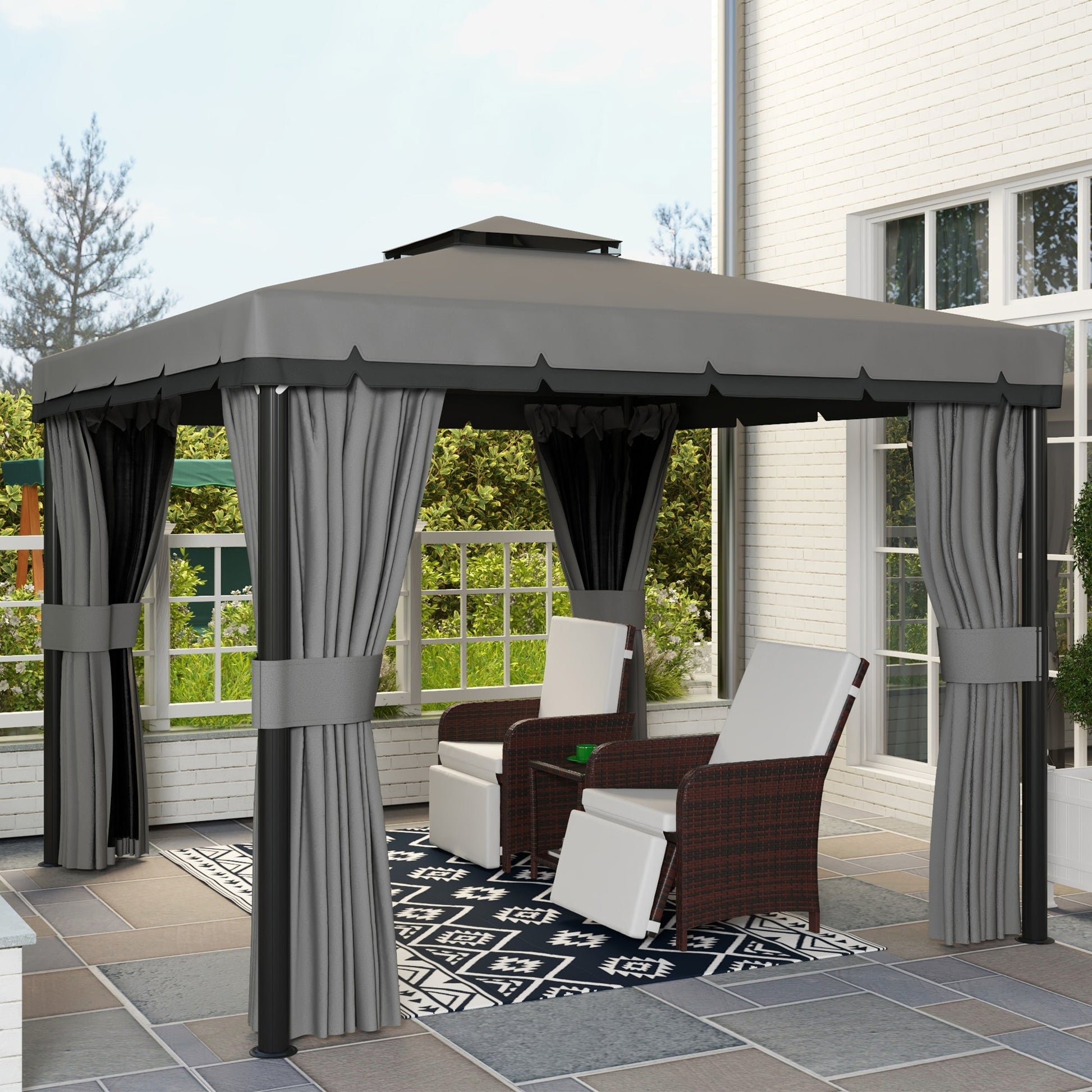 10' x 10' 2-Tier Outdoor Gazebo Canopy Tent with Zippered Mesh Sidewalls, Aluminum Frame for Patio, Backyard, Light Grey