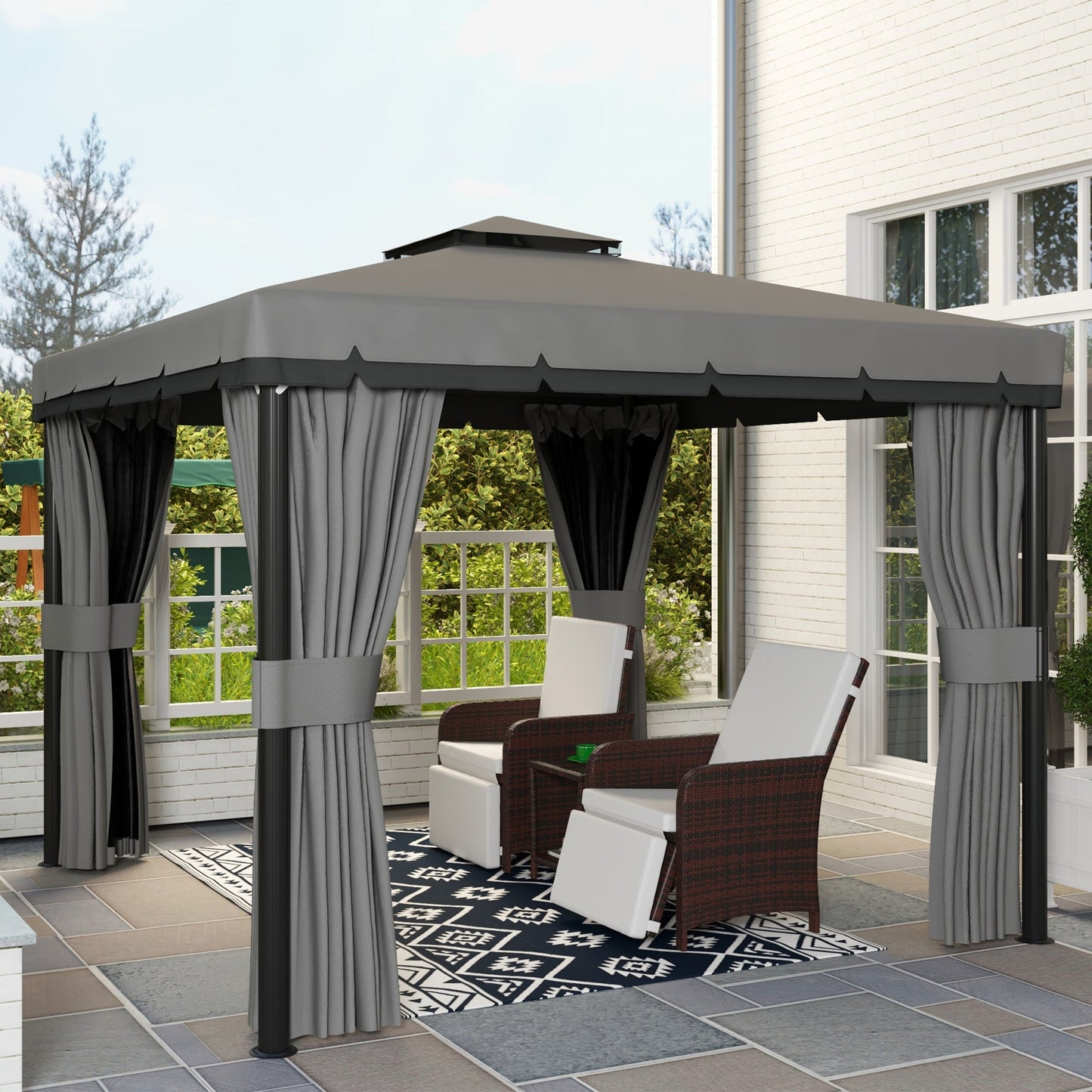 10' x 10' 2-Tier Outdoor Gazebo Canopy Tent with Zippered Mesh Sidewalls, Aluminum Frame for Patio, Backyard, Light Grey