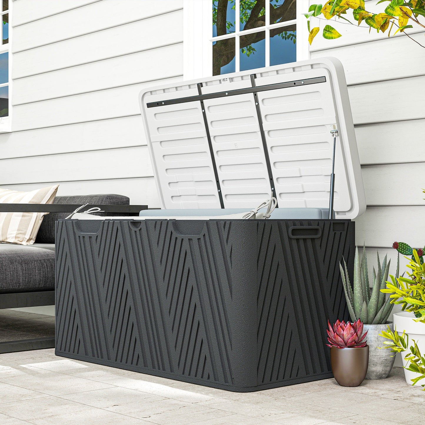 100 Gallon Deck Box Outdoor Storage Box, Waterproof and Lockable , Double-Layer HDPE Patio Storage Box for Patio Furniture, Garden Tools and Pool Accessories
