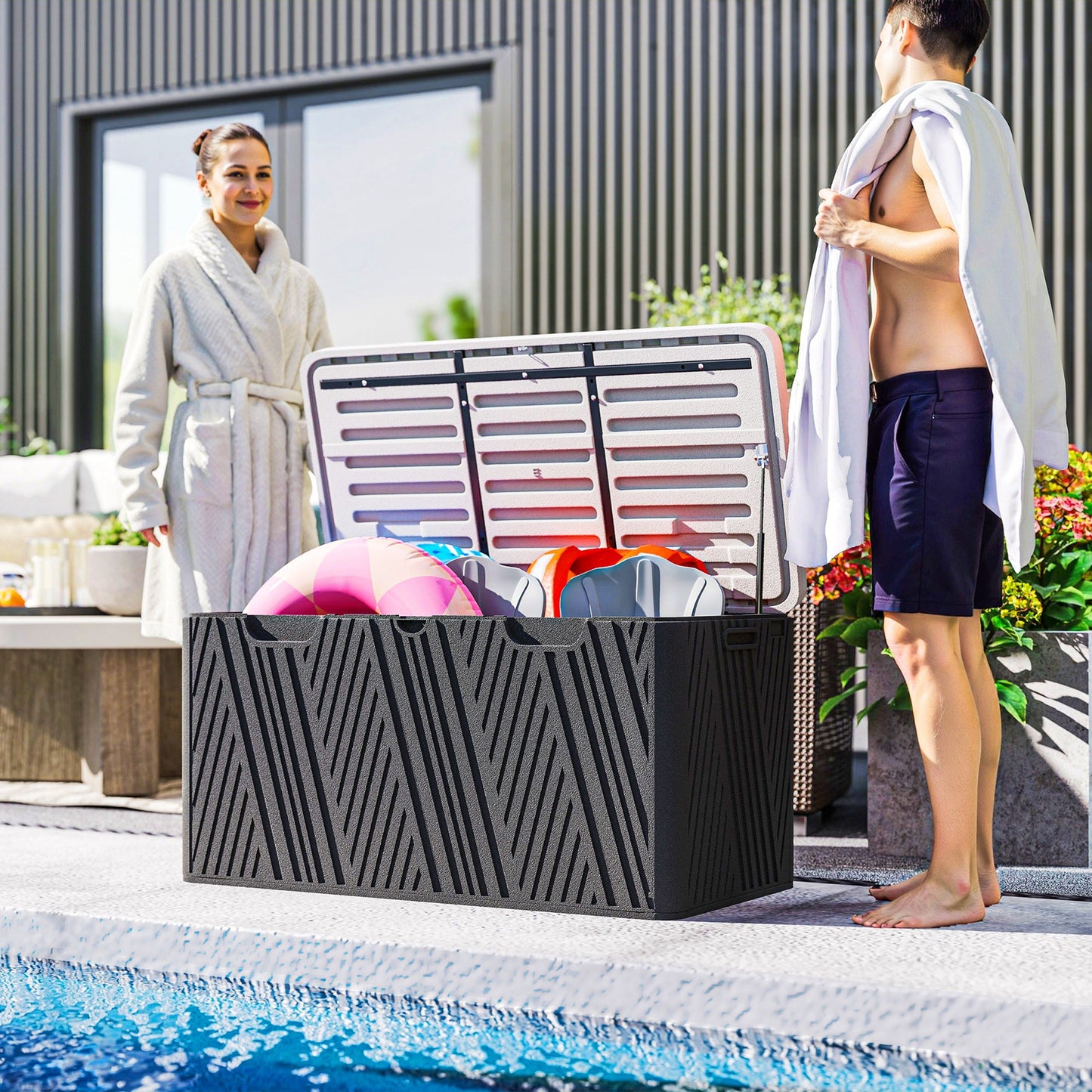 100 Gallon Deck Box Outdoor Storage Box, Waterproof and Lockable , Double-Layer HDPE Patio Storage Box for Patio Furniture, Garden Tools and Pool Accessories