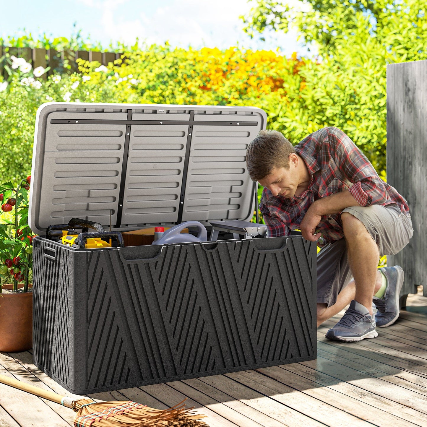 100 Gallon Deck Box Outdoor Storage Box, Waterproof and Lockable , Double-Layer HDPE Patio Storage Box for Patio Furniture, Garden Tools and Pool Accessories