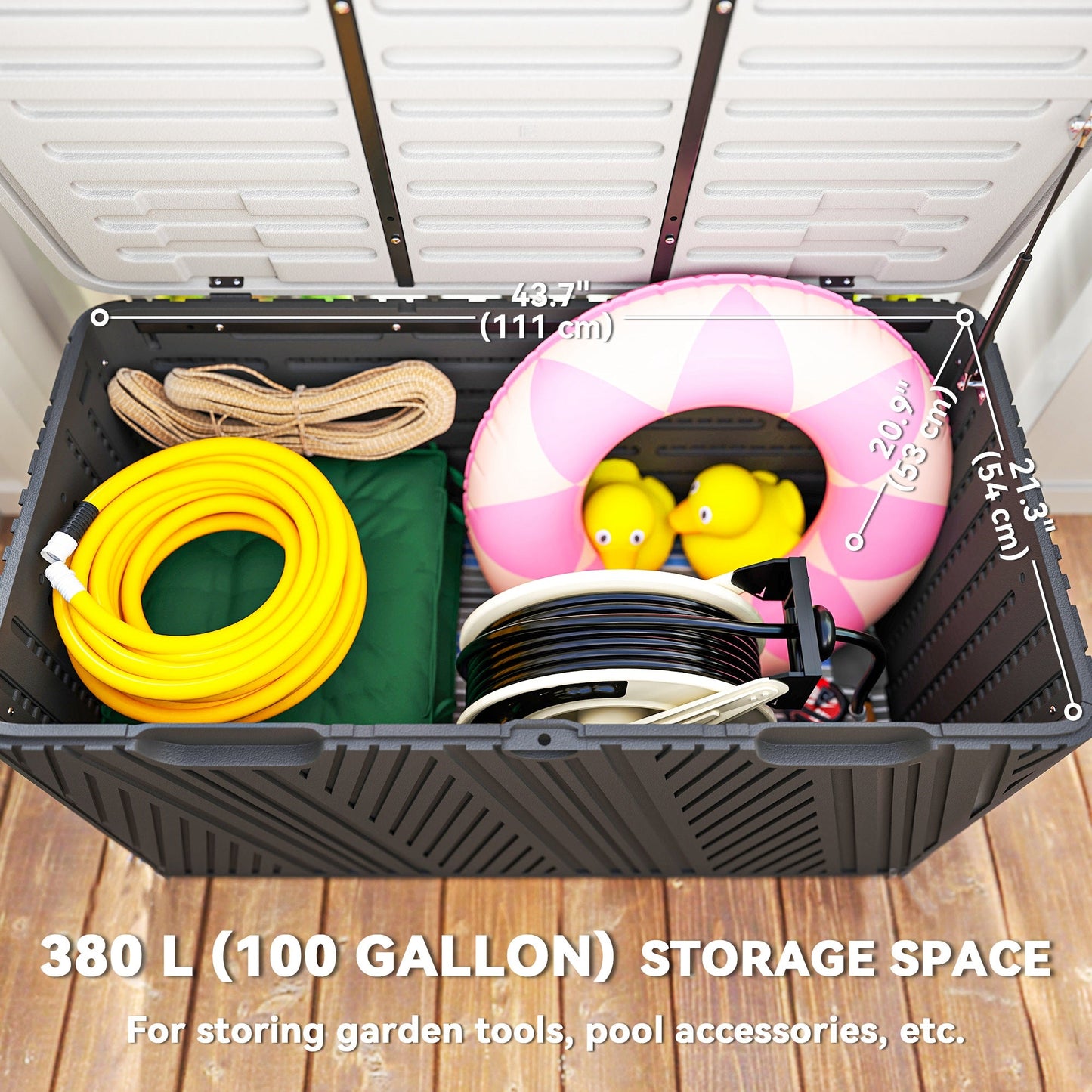 100 Gallon Deck Box Outdoor Storage Box, Waterproof and Lockable , Double-Layer HDPE Patio Storage Box for Patio Furniture, Garden Tools and Pool Accessories