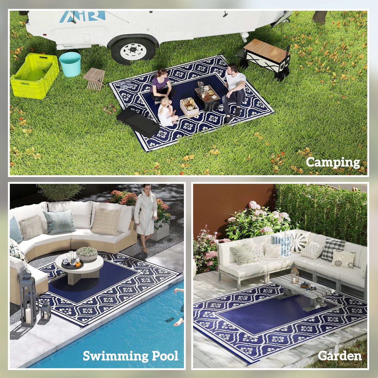 Reversible Outdoor RV Rug with Carry Bag, 8' x 10' Patio Floor Mat, Plastic Straw Rug for Backyard, Deck, Picnic, Beach, Camping, Gourd Border, Blue and White