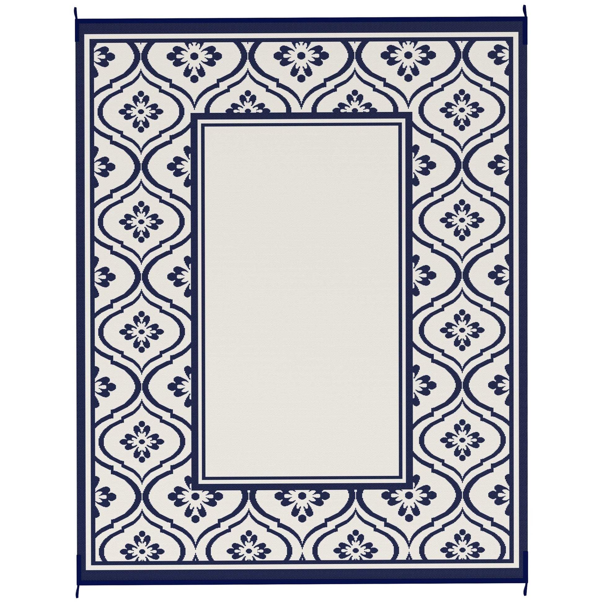 Reversible Outdoor RV Rug with Carry Bag, 8' x 10' Patio Floor Mat, Plastic Straw Rug for Backyard, Deck, Picnic, Beach, Camping, Gourd Border, Blue and White