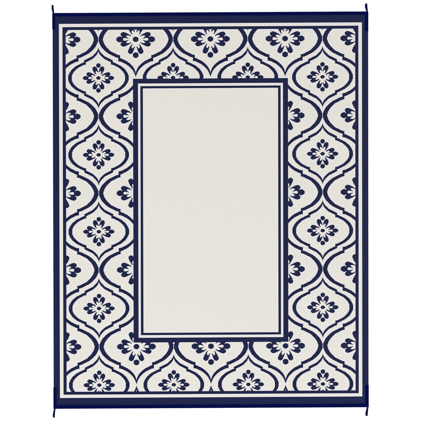 Reversible Outdoor RV Rug with Carry Bag, 8' x 10' Patio Floor Mat, Plastic Straw Rug for Backyard, Deck, Picnic, Beach, Camping, Gourd Border, Blue and White