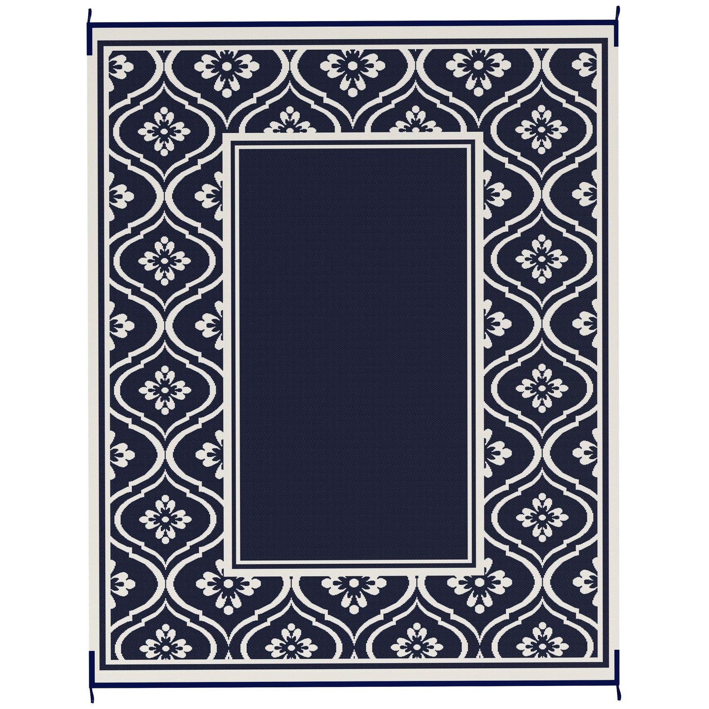 Reversible Outdoor RV Rug with Carry Bag, 8' x 10' Patio Floor Mat, Plastic Straw Rug for Backyard, Deck, Picnic, Beach, Camping, Gourd Border, Blue and White