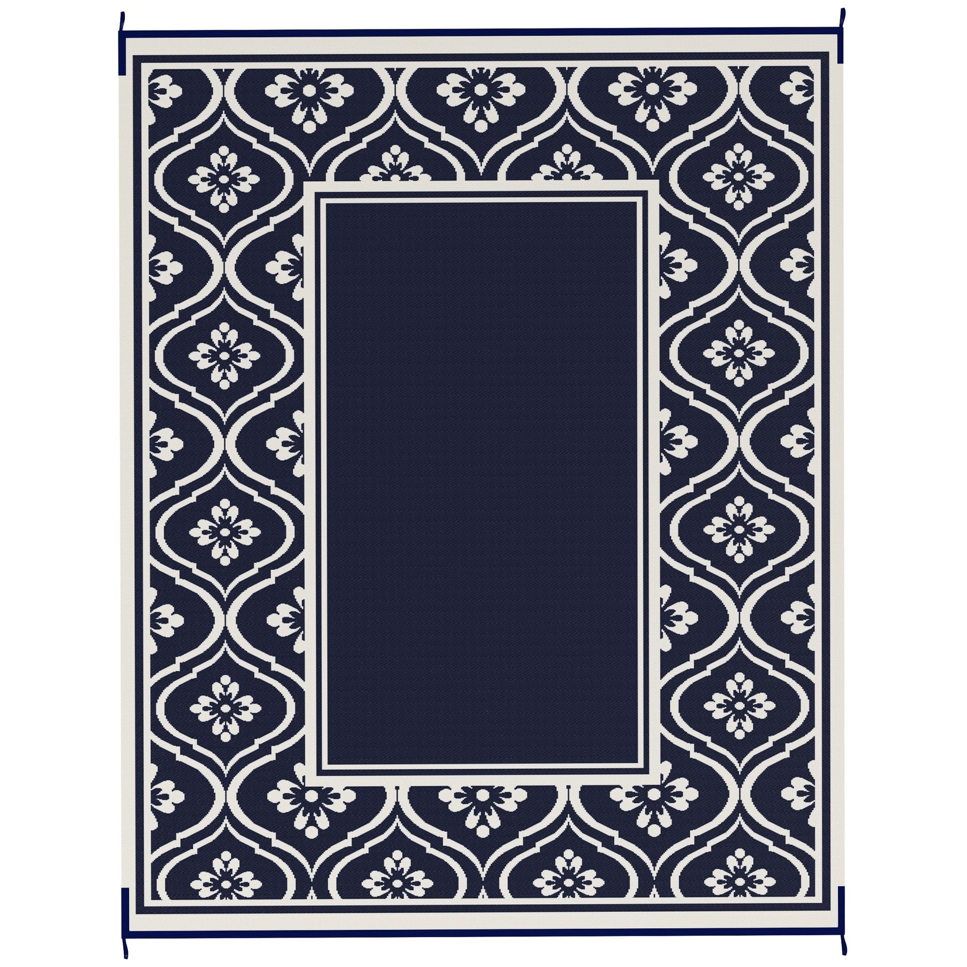 Reversible Outdoor RV Rug with Carry Bag, 8' x 10' Patio Floor Mat, Plastic Straw Rug for Backyard, Deck, Picnic, Beach, Camping, Gourd Border, Blue and White