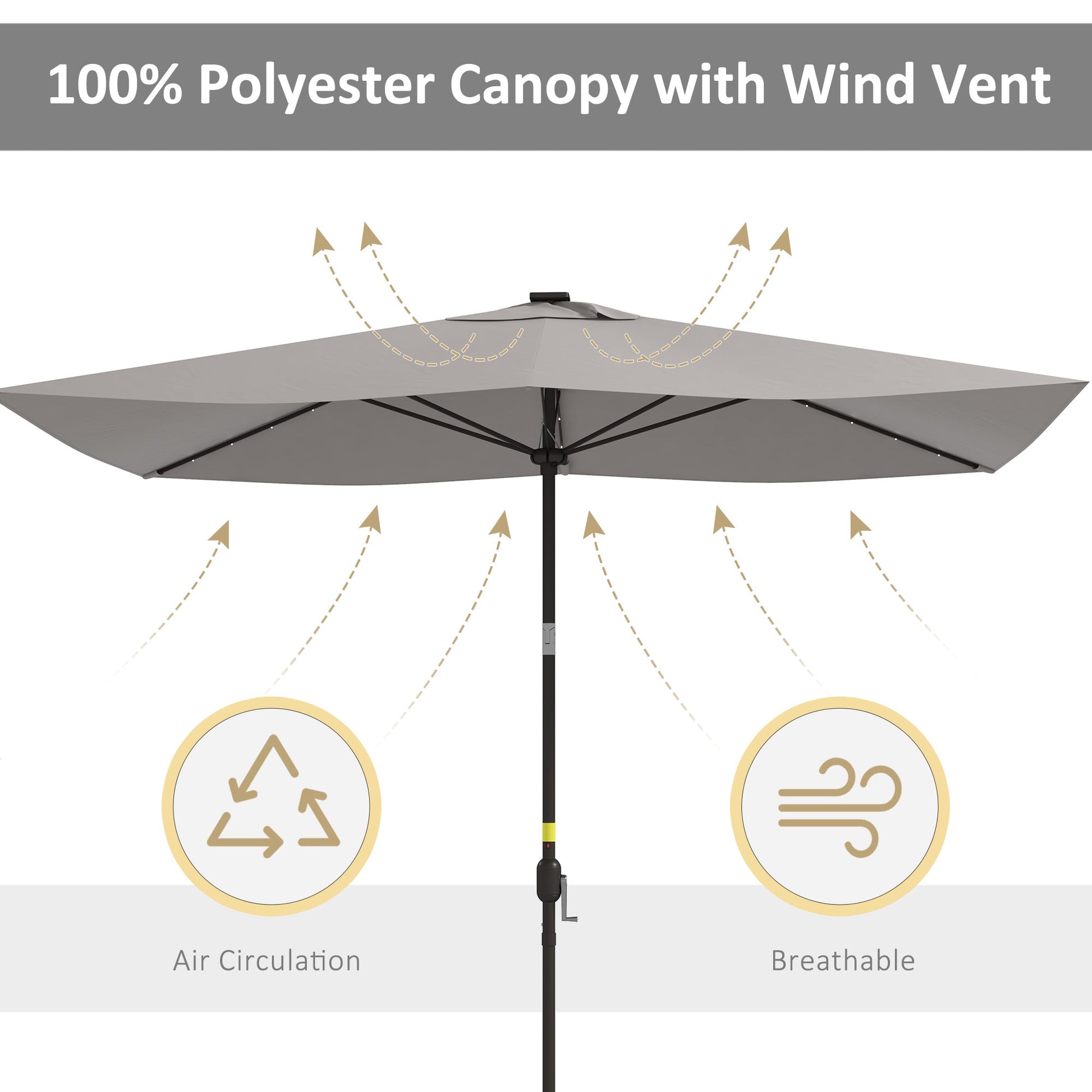 6.5x10ft Patio Umbrella Rectangle Solar Powered Tilt Aluminum Outdoor Market Parasol with LEDs Crank (Light Grey)