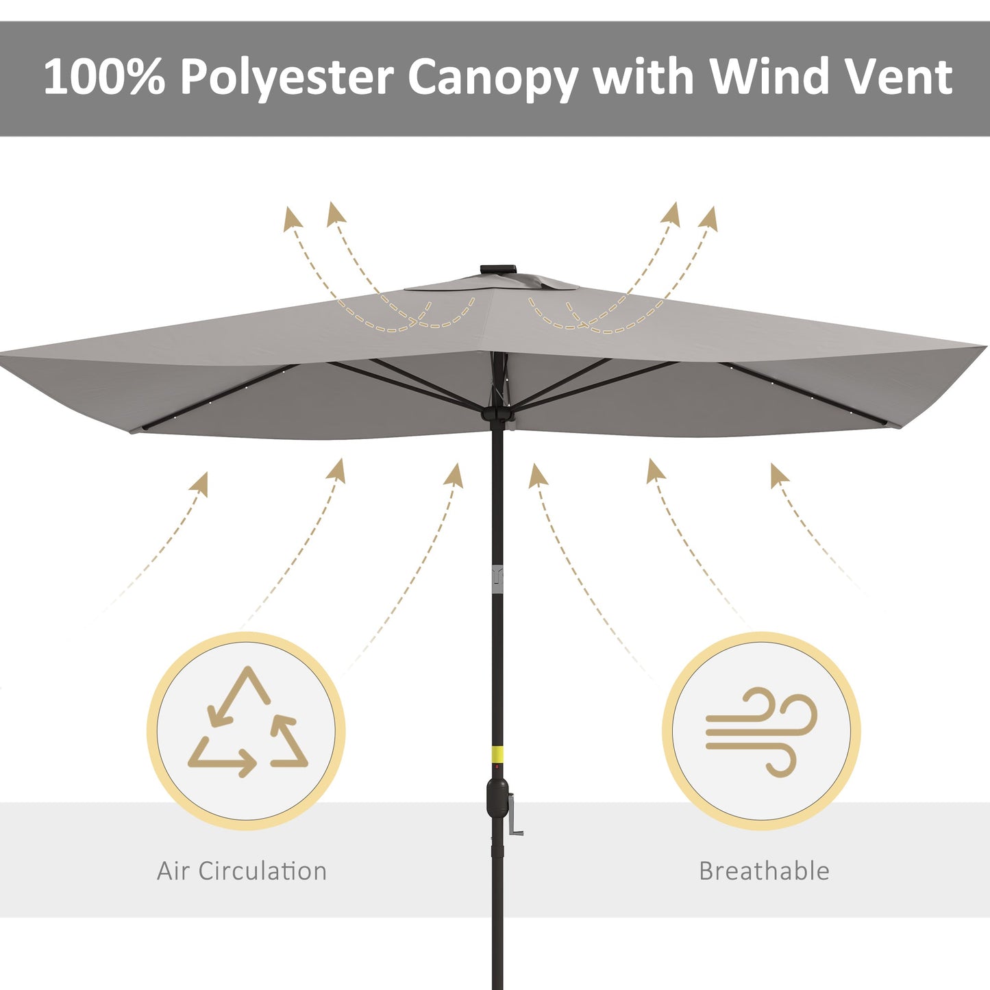 6.5x10ft Patio Umbrella Rectangle Solar Powered Tilt Aluminum Outdoor Market Parasol with LEDs Crank (Light Grey)