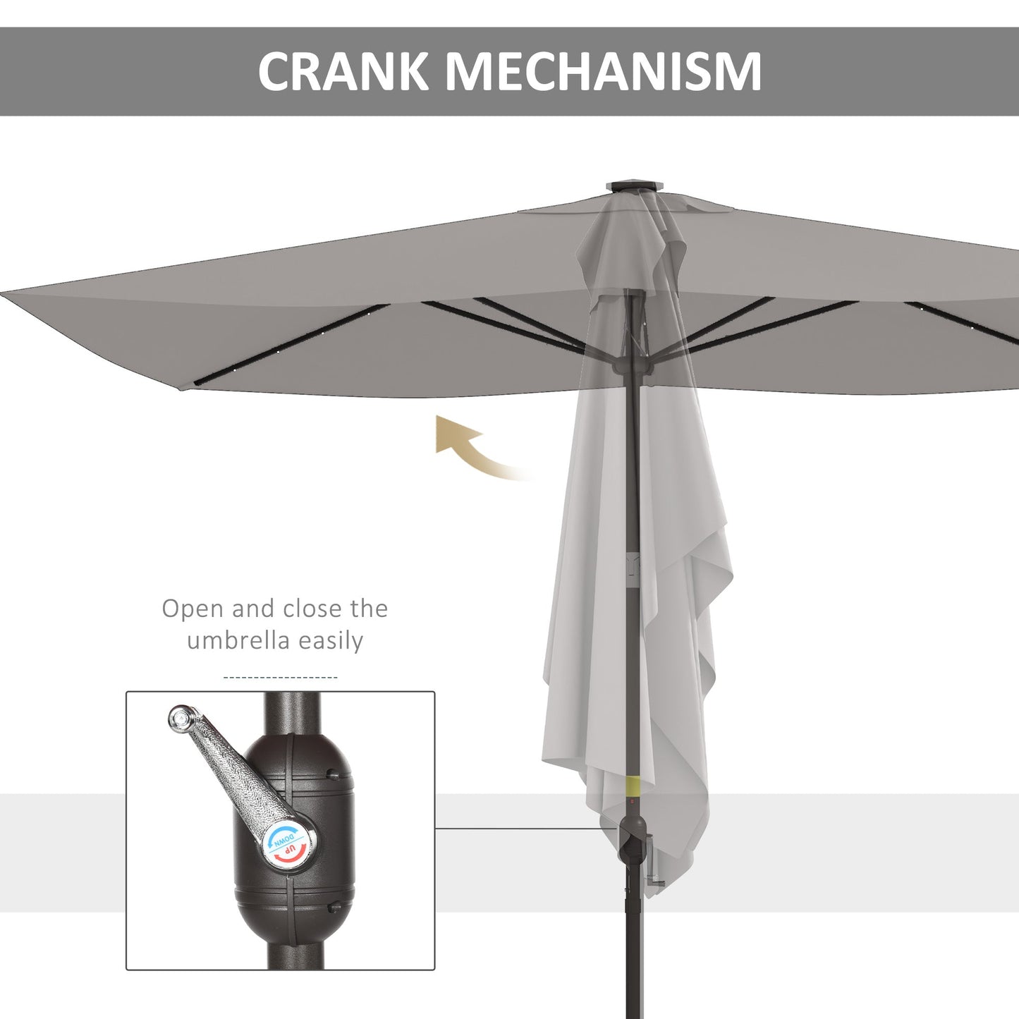 6.5x10ft Patio Umbrella Rectangle Solar Powered Tilt Aluminum Outdoor Market Parasol with LEDs Crank (Light Grey)