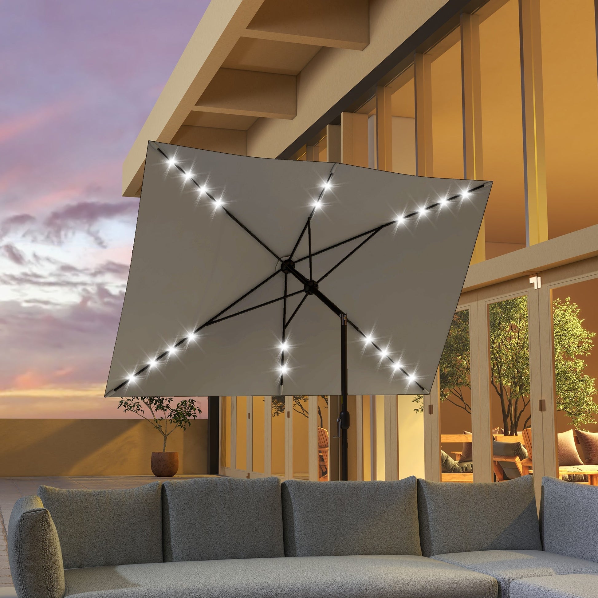 6.5x10ft Patio Umbrella Rectangle Solar Powered Tilt Aluminum Outdoor Market Parasol with LEDs Crank (Light Grey)