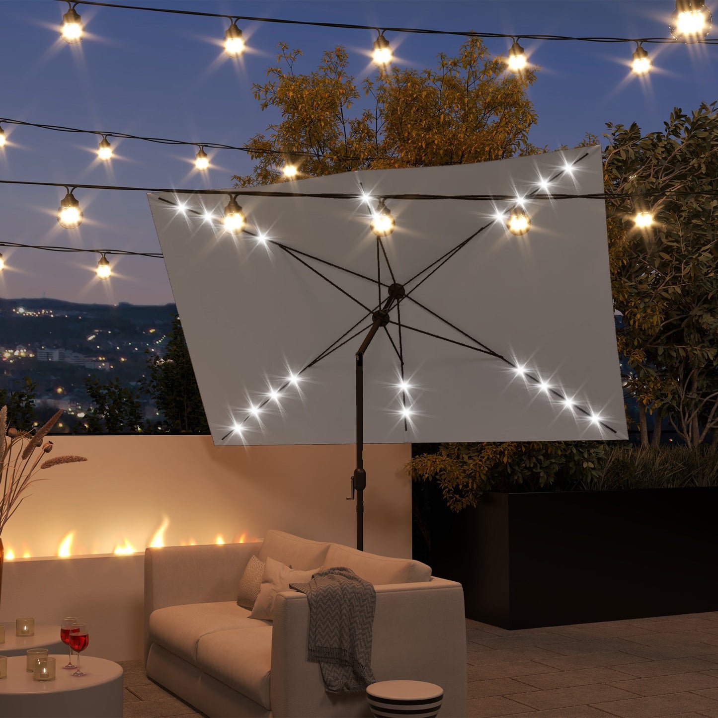 6.5x10ft Patio Umbrella Rectangle Solar Powered Tilt Aluminum Outdoor Market Parasol with LEDs Crank (Light Grey)