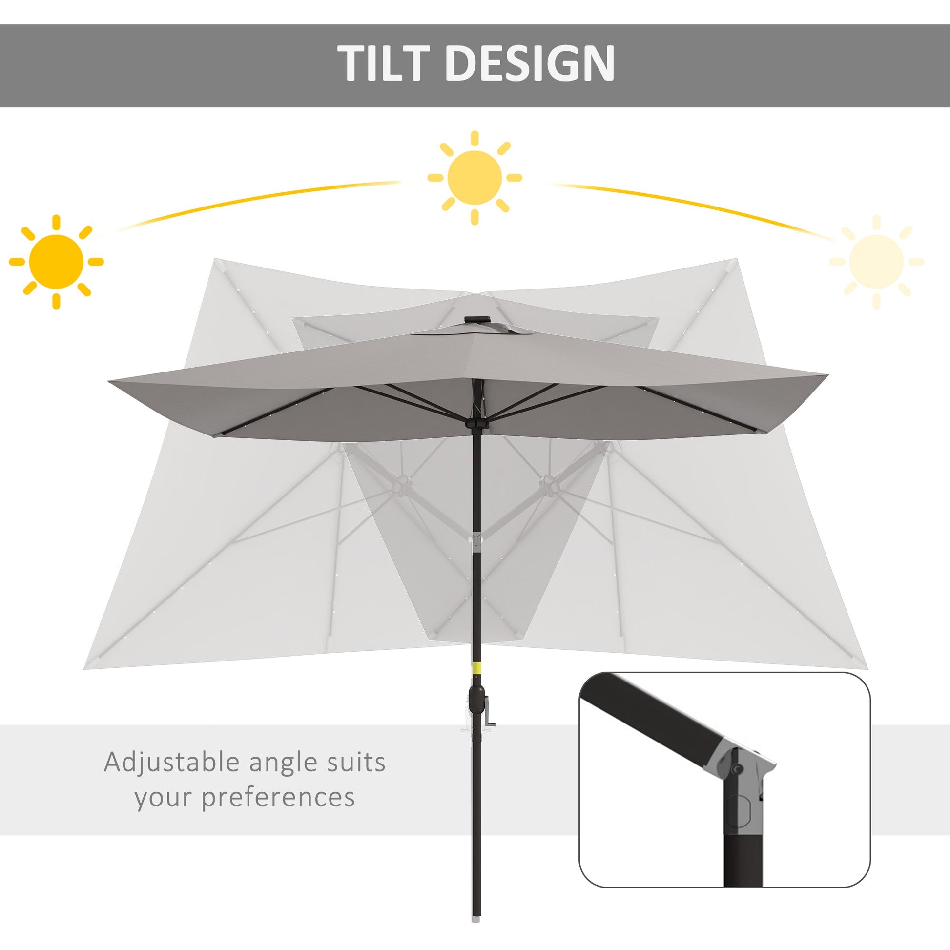 6.5x10ft Patio Umbrella Rectangle Solar Powered Tilt Aluminum Outdoor Market Parasol with LEDs Crank (Light Grey)