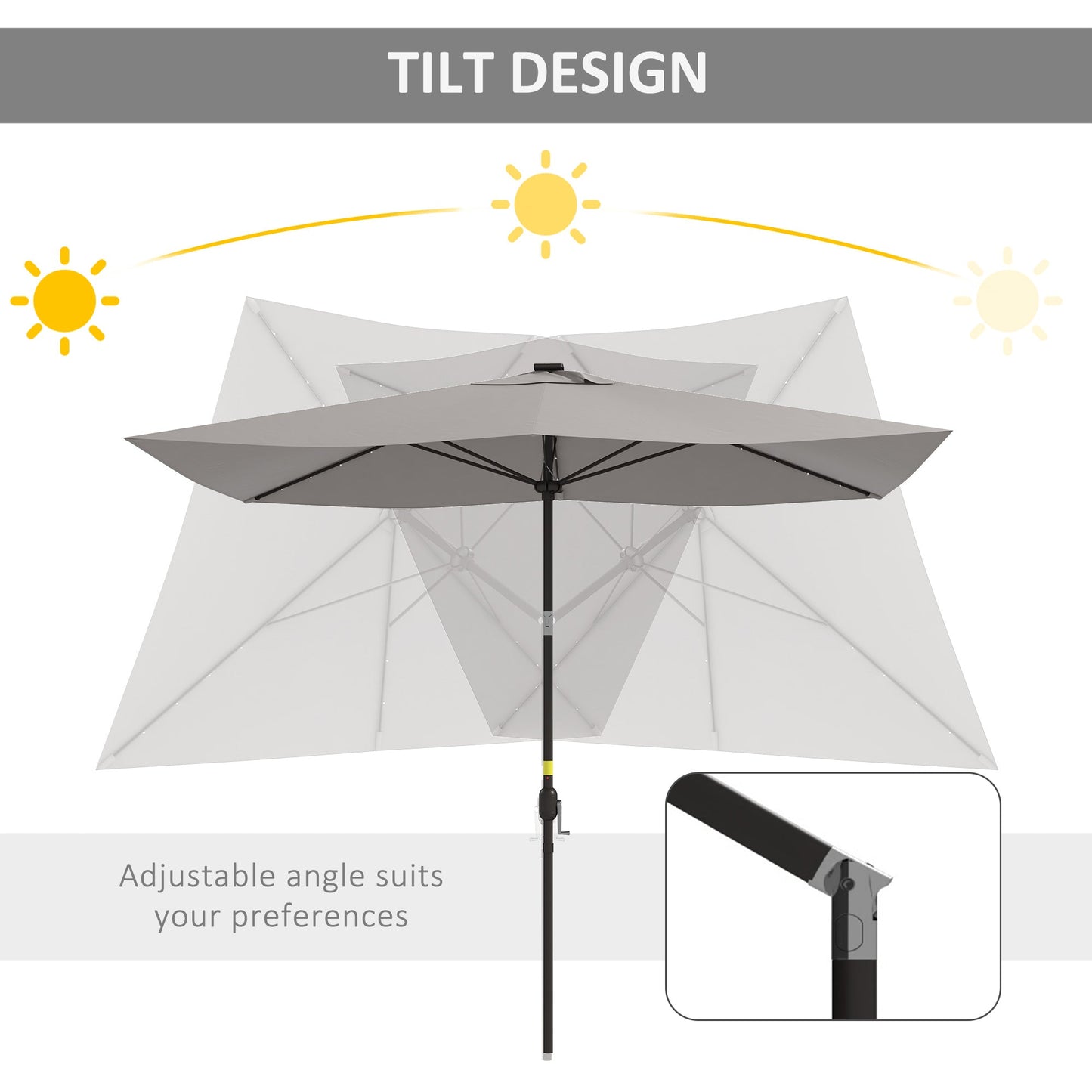6.5x10ft Patio Umbrella Rectangle Solar Powered Tilt Aluminum Outdoor Market Parasol with LEDs Crank (Light Grey)
