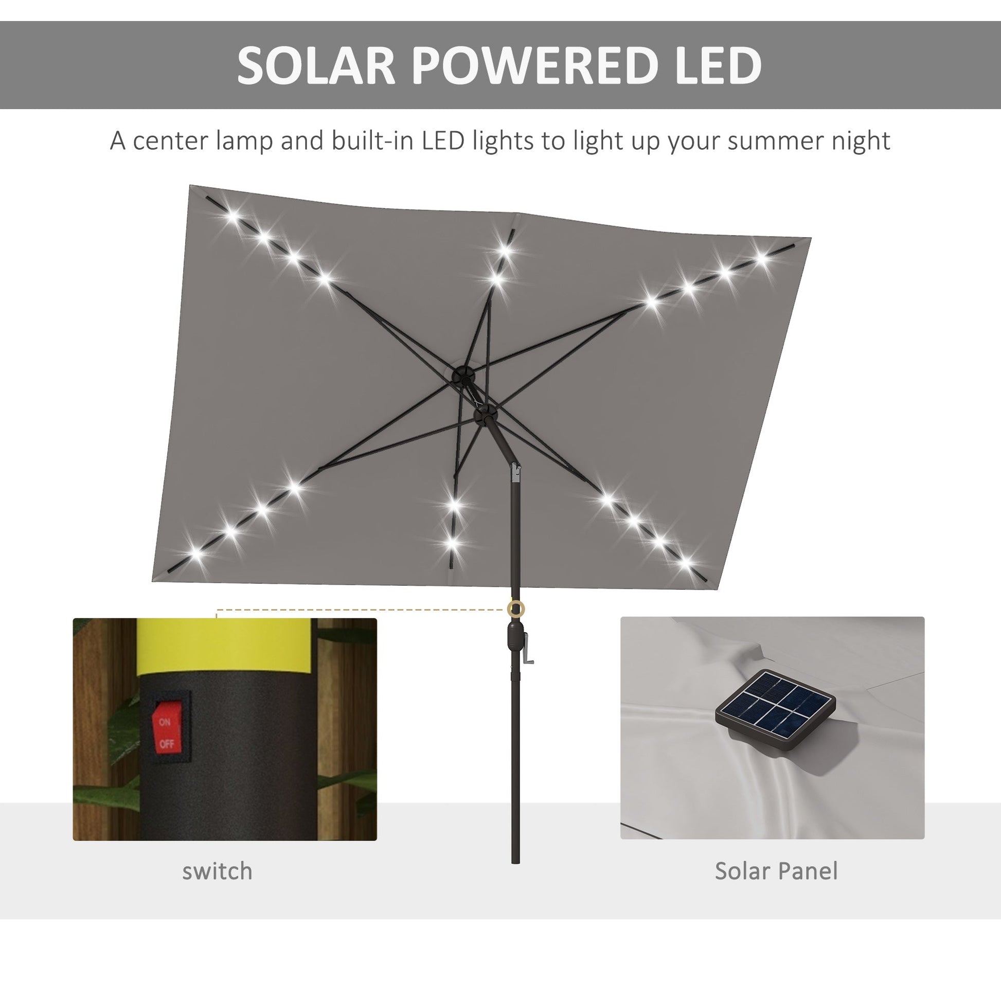 6.5x10ft Patio Umbrella Rectangle Solar Powered Tilt Aluminum Outdoor Market Parasol with LEDs Crank (Light Grey)