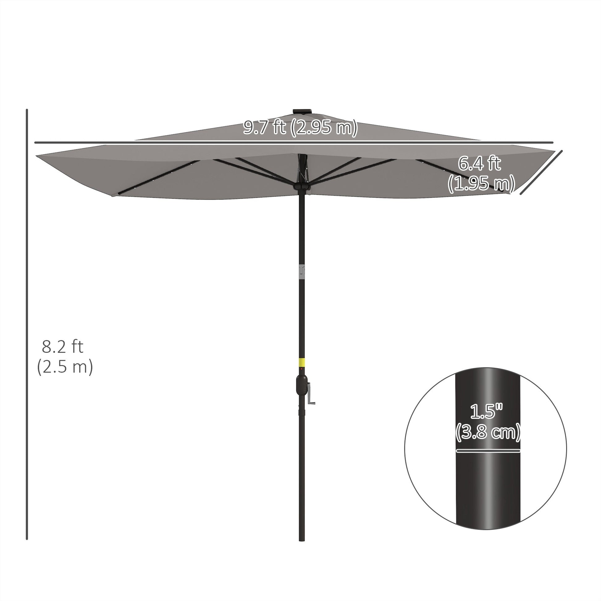 6.5x10ft Patio Umbrella Rectangle Solar Powered Tilt Aluminum Outdoor Market Parasol with LEDs Crank (Light Grey)