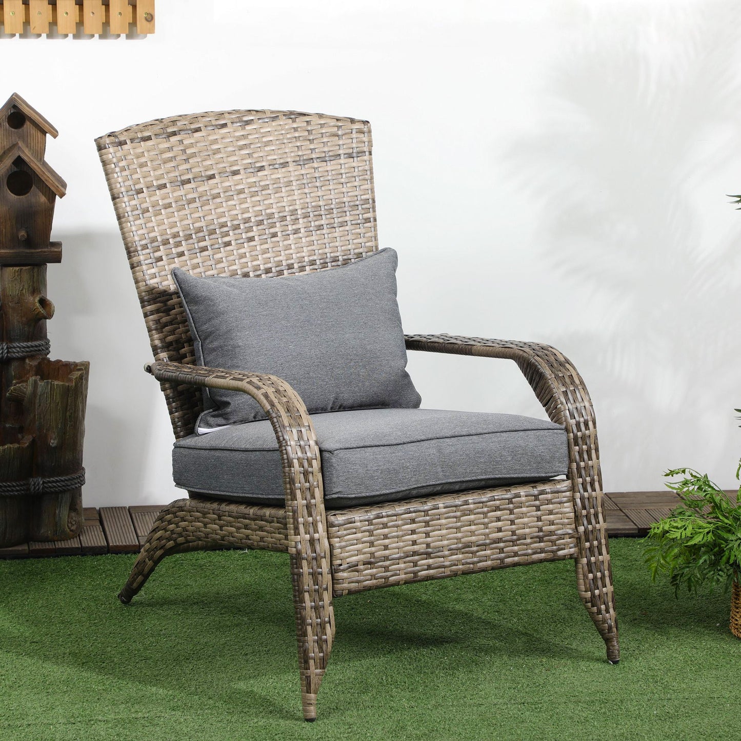 Patio Wicker Adirondack Chair, Outdoor PE Rattan Fire Pit Chair, Muskoka Chair w/ Soft Cushions, Tall Curved Backrest and Comfortable Armrests for Deck Garden, Mixed Grey