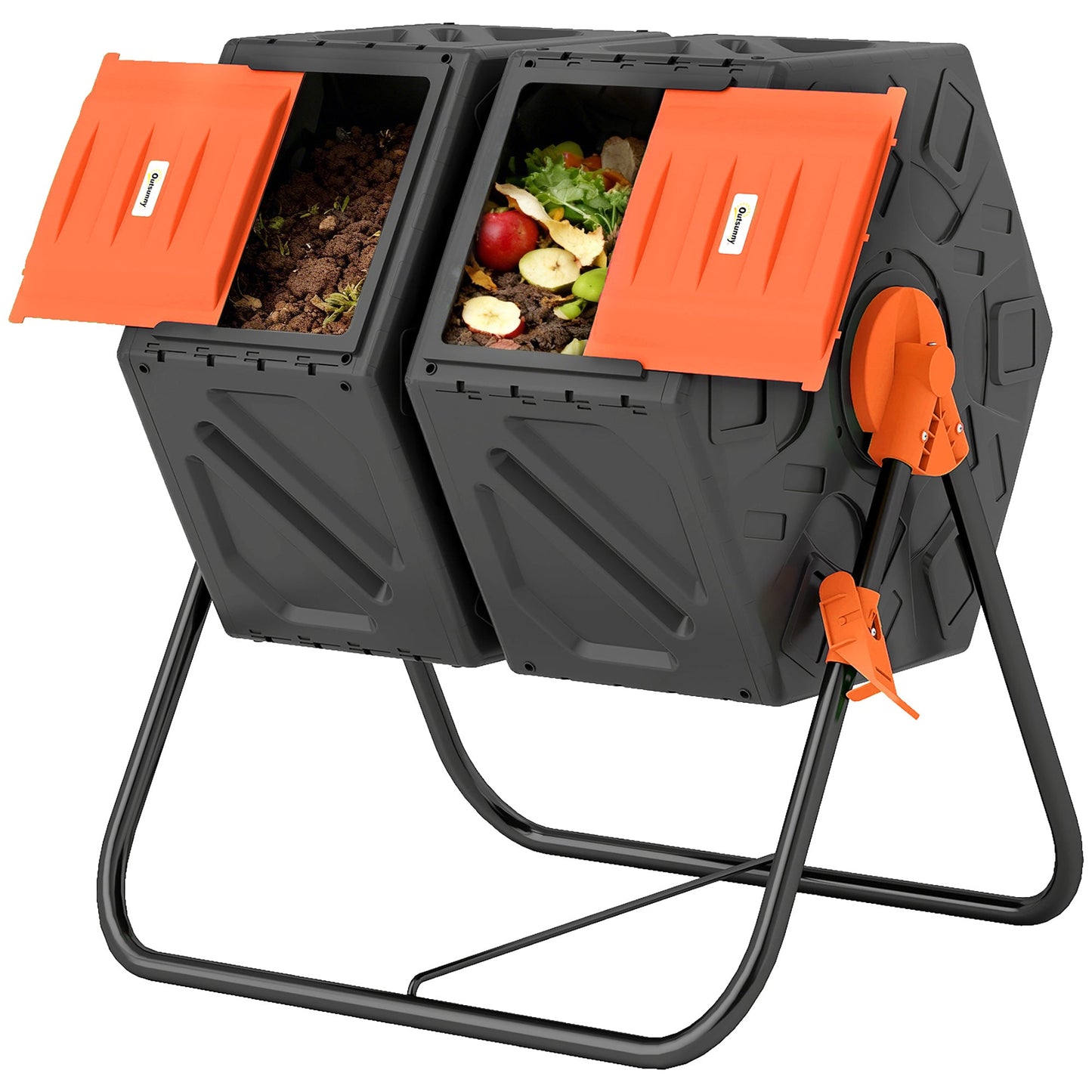 34.5 Gallon Dual Chamber Compost Bin, Rotating Composter, Compost Tumbler with 24 Ventilation Openings and Steel Legs, Orange