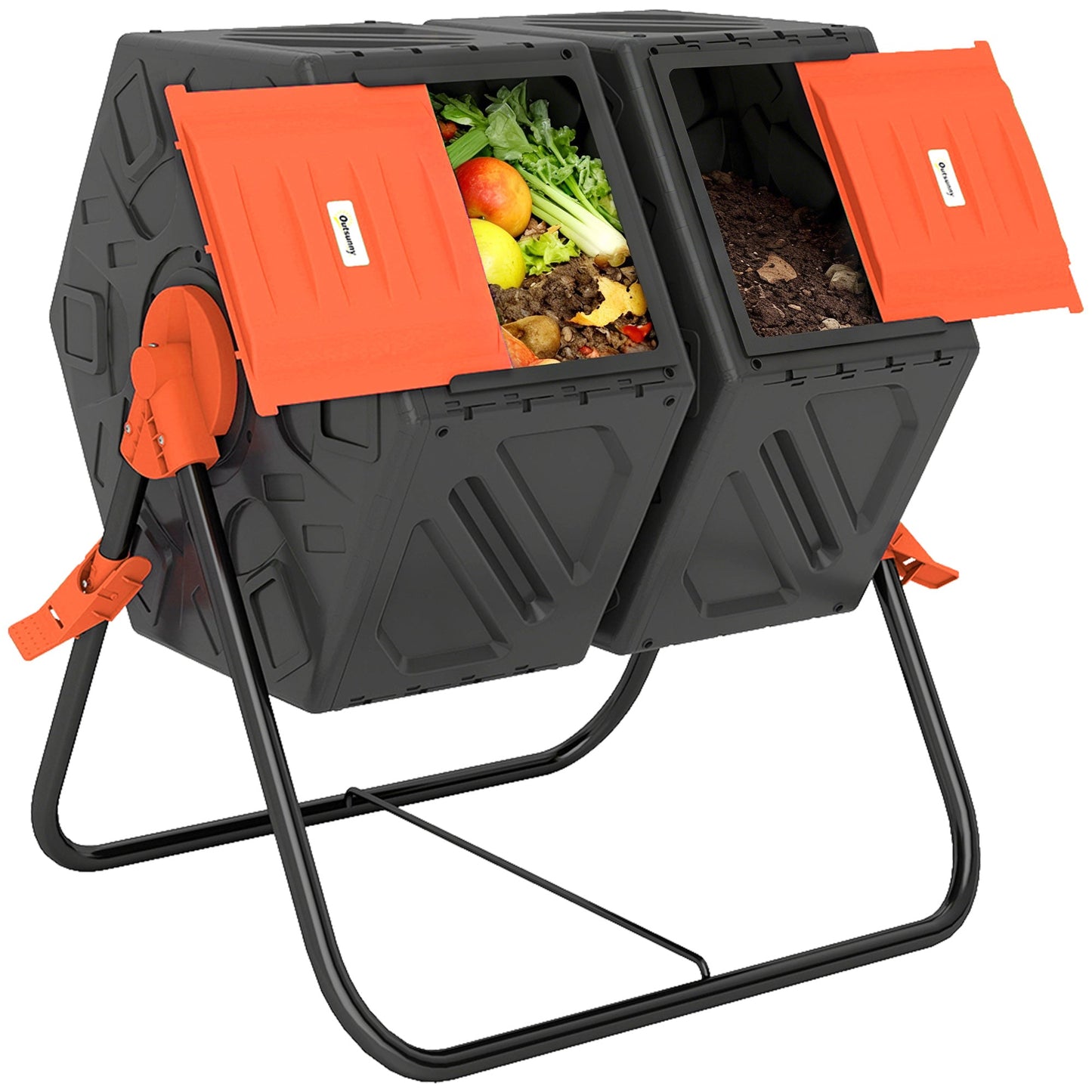 34.5 Gallon Dual Chamber Compost Bin, Rotating Composter, Compost Tumbler with 24 Ventilation Openings and Steel Legs, Orange