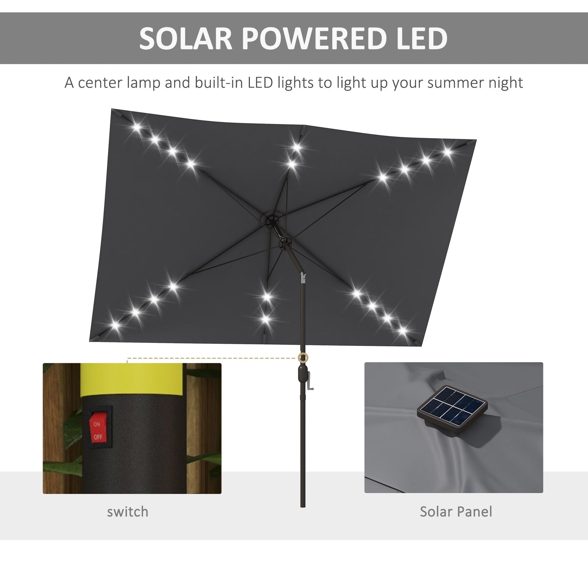 6.5x10ft Patio Umbrella Rectangle Solar Powered Tilt Aluminum Outdoor Market Parasol with LEDs Crank (Dark Grey)