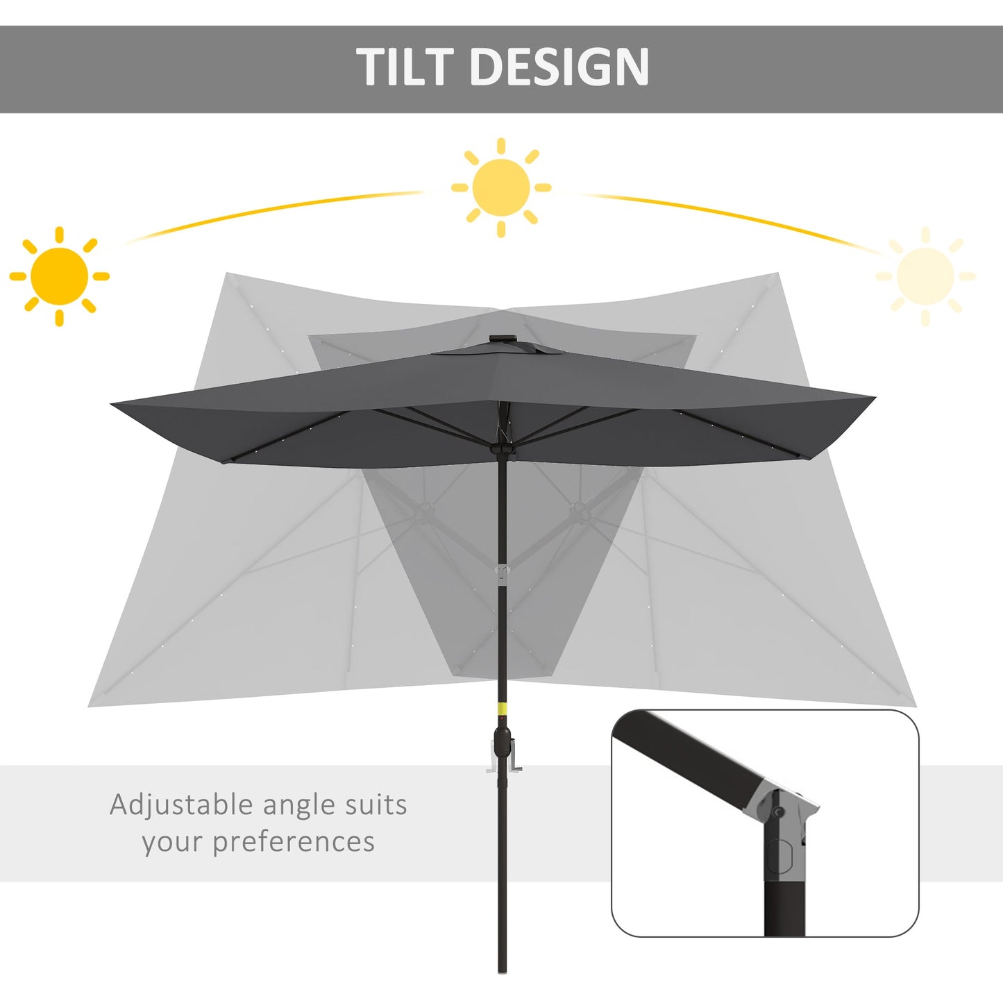 6.5x10ft Patio Umbrella Rectangle Solar Powered Tilt Aluminum Outdoor Market Parasol with LEDs Crank (Dark Grey)