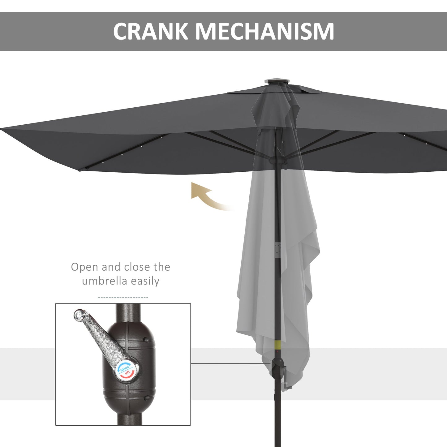6.5x10ft Patio Umbrella Rectangle Solar Powered Tilt Aluminum Outdoor Market Parasol with LEDs Crank (Dark Grey)