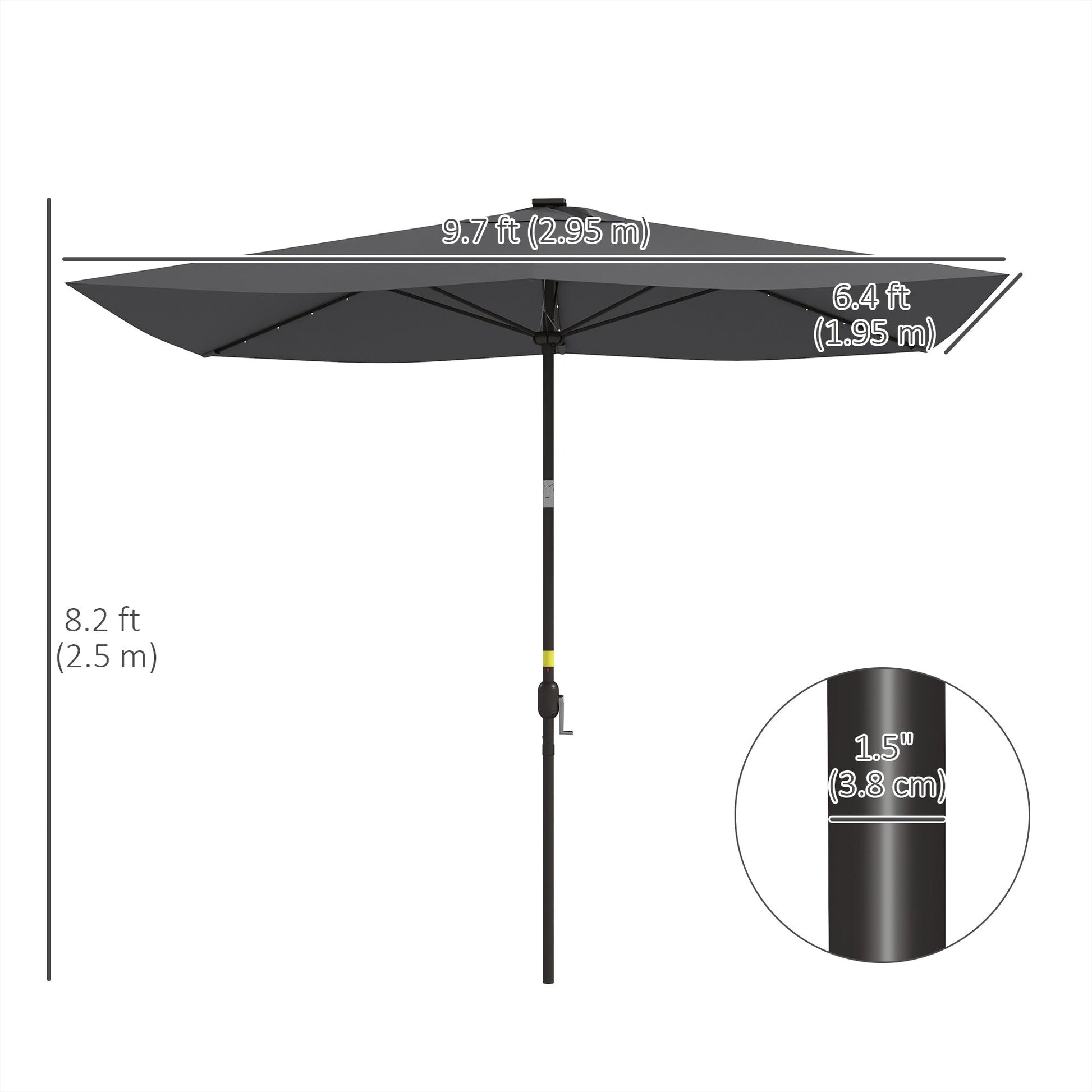 6.5x10ft Patio Umbrella Rectangle Solar Powered Tilt Aluminum Outdoor Market Parasol with LEDs Crank (Dark Grey)