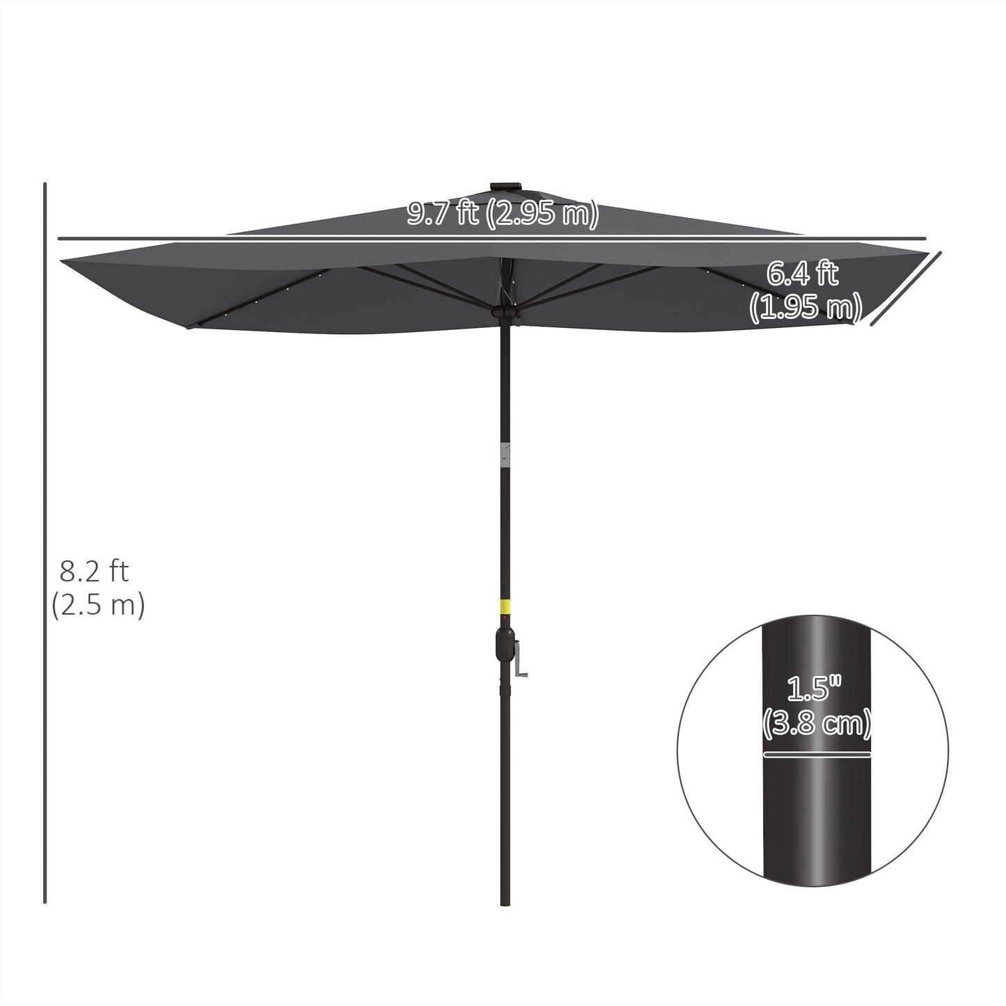 6.5x10ft Patio Umbrella Rectangle Solar Powered Tilt Aluminum Outdoor Market Parasol with LEDs Crank (Dark Grey)