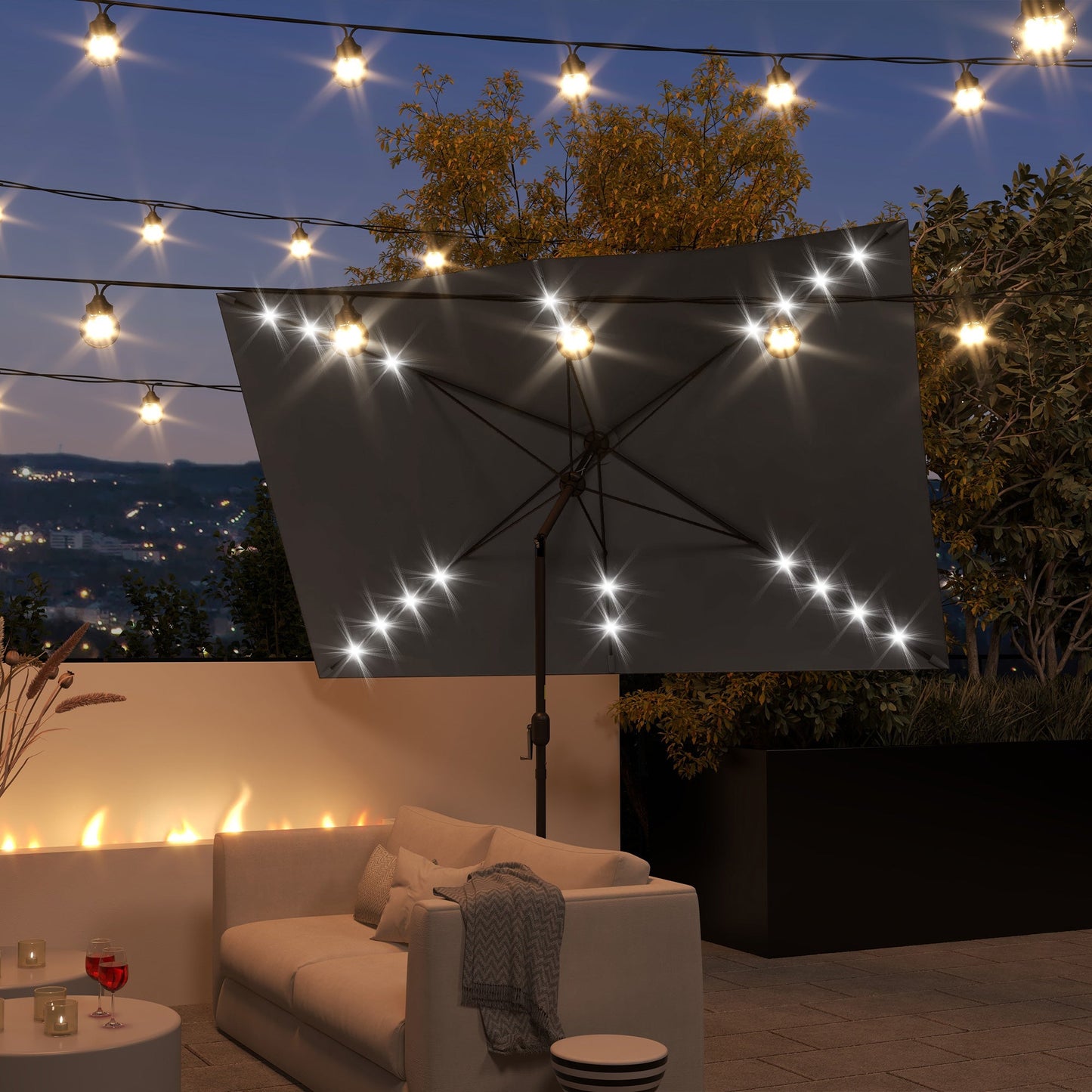 6.5x10ft Patio Umbrella Rectangle Solar Powered Tilt Aluminum Outdoor Market Parasol with LEDs Crank (Dark Grey)