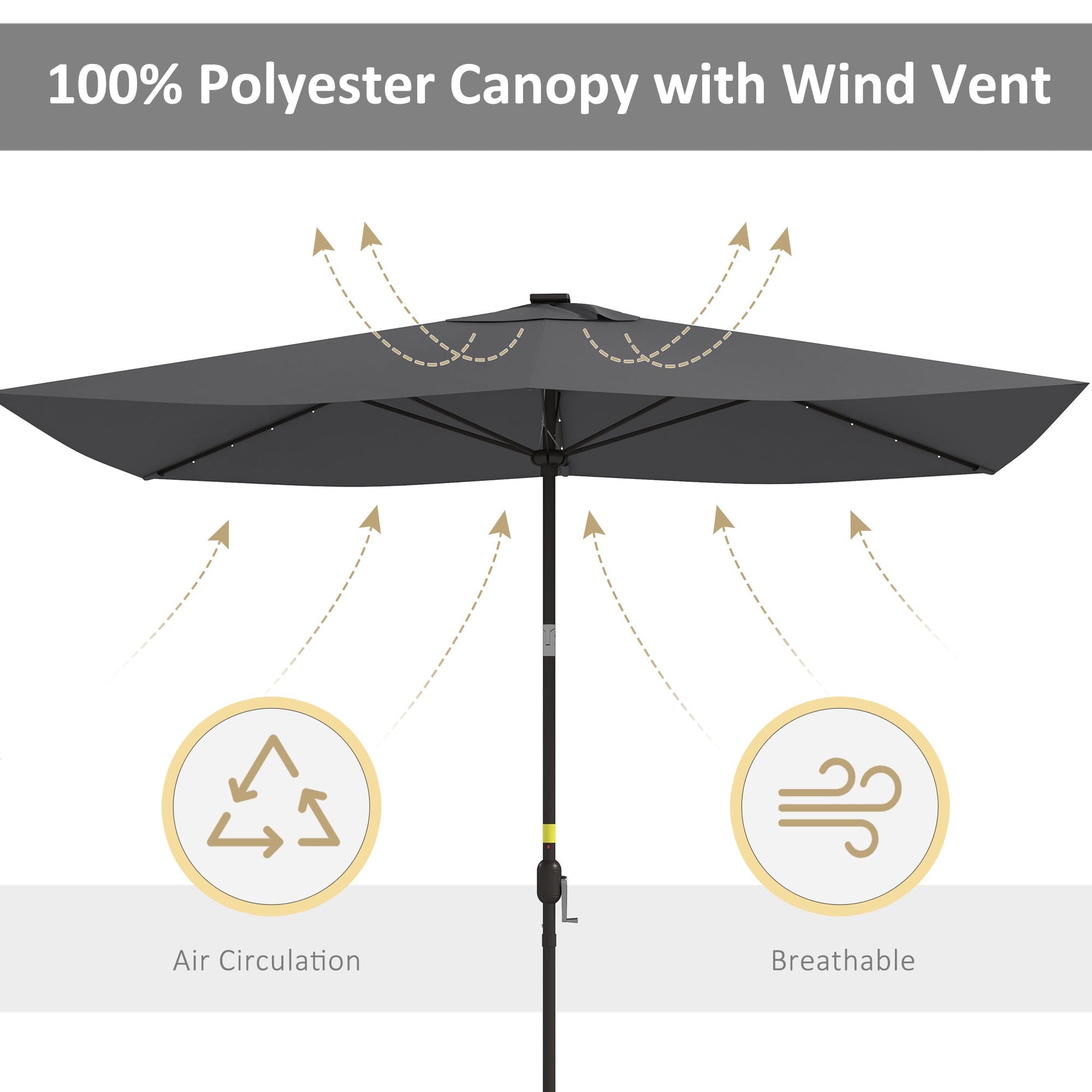 6.5x10ft Patio Umbrella Rectangle Solar Powered Tilt Aluminum Outdoor Market Parasol with LEDs Crank (Dark Grey)
