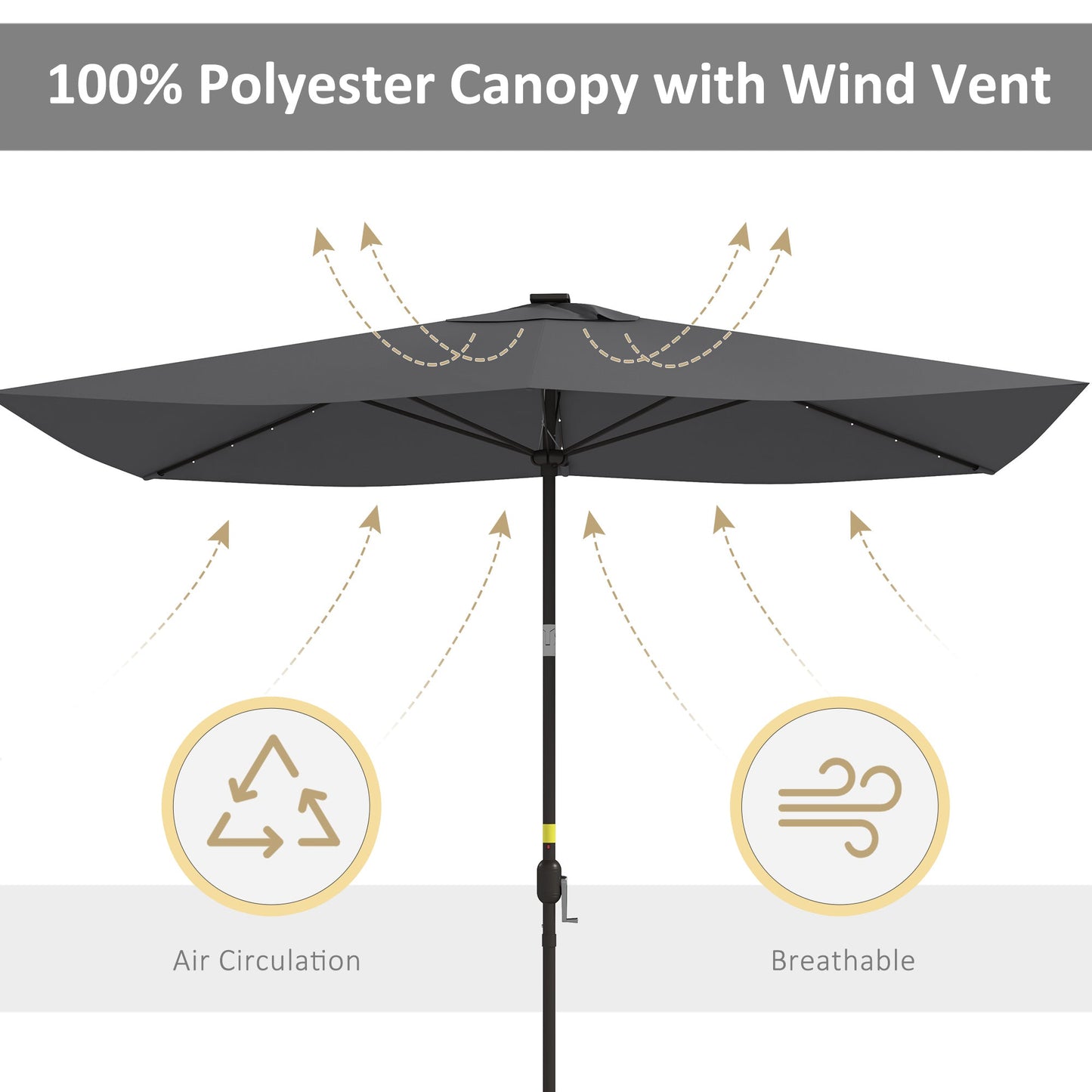 6.5x10ft Patio Umbrella Rectangle Solar Powered Tilt Aluminum Outdoor Market Parasol with LEDs Crank (Dark Grey)