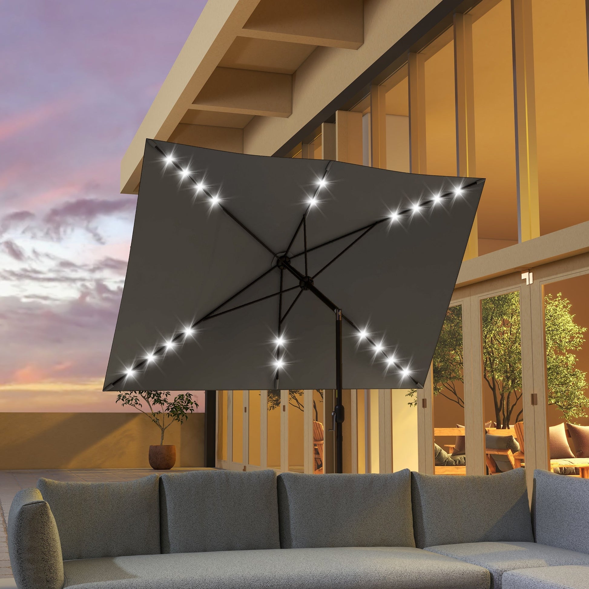 6.5x10ft Patio Umbrella Rectangle Solar Powered Tilt Aluminum Outdoor Market Parasol with LEDs Crank (Dark Grey)