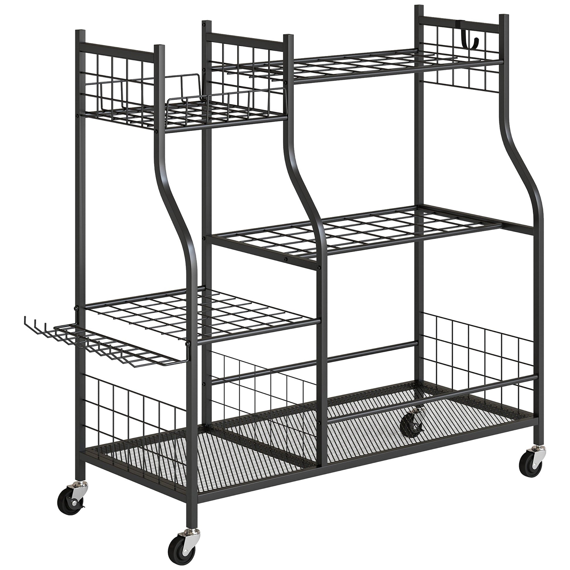 Garden Tool Organizer for Garage, 3-Tier Yard Tool Storage Rack with 74 Slots, 4 Wheels and 11 Hooks for Long-Handled Shovels and Rakes for Shed, Yard, Patio, Black