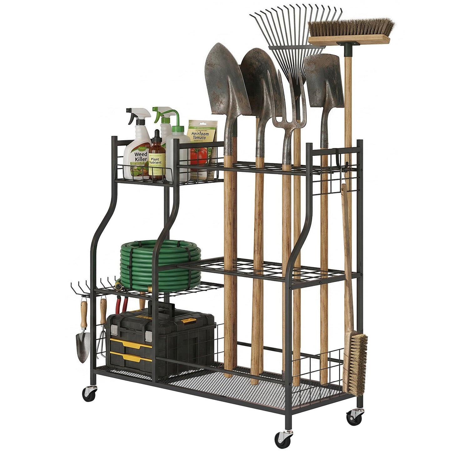 Garden Tool Organizer for Garage, 3-Tier Yard Tool Storage Rack with 74 Slots, 4 Wheels and 11 Hooks for Long-Handled Shovels and Rakes for Shed, Yard, Patio, Black