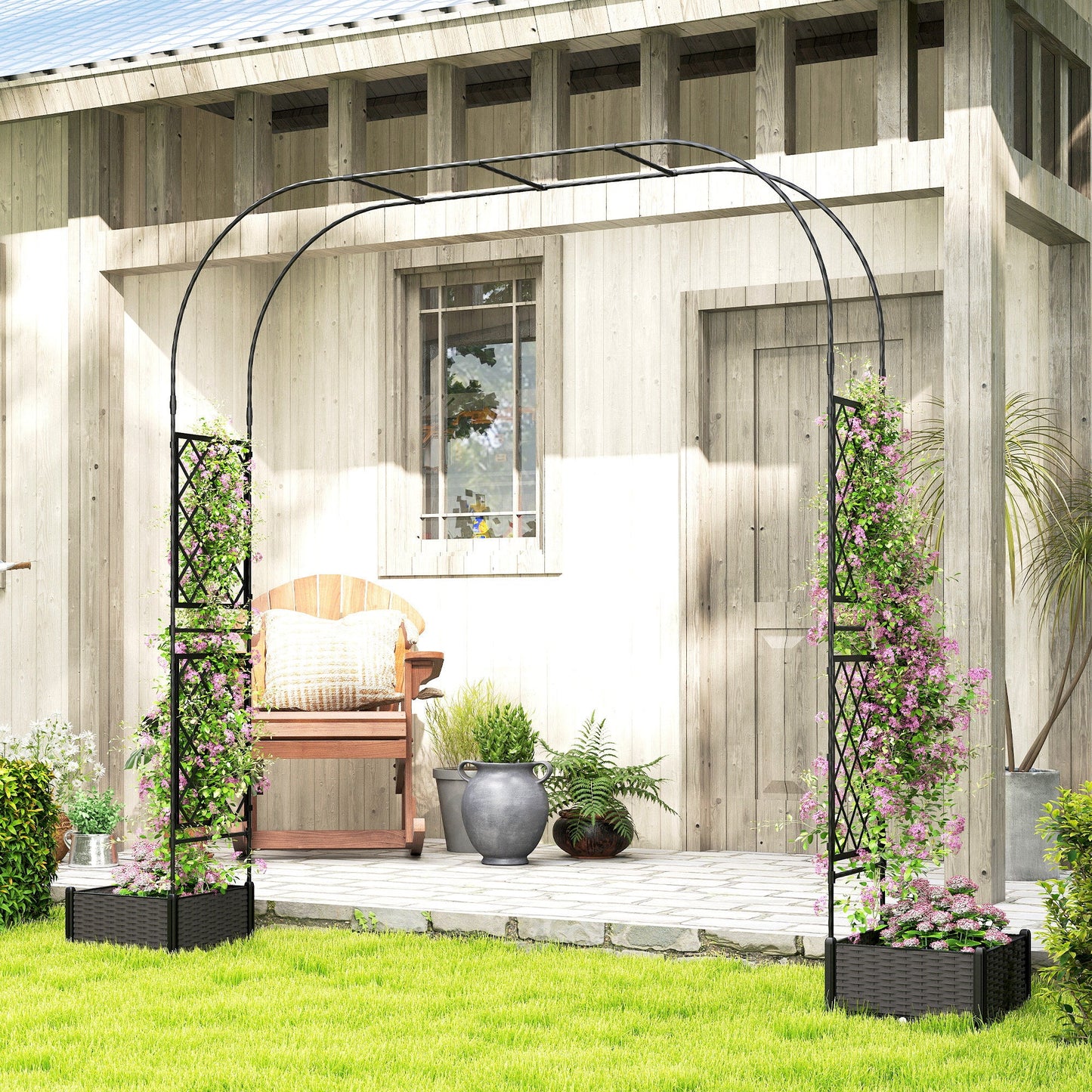 7.2ft Garden Arch with 2 Planter Boxes, PE-Coated Steel Outdoor Trellis Arbor for Climbing Plants, Wedding Arch for Party Outdoor Garden Backyard, Black